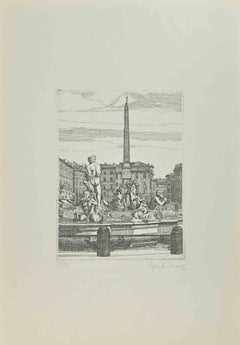 Navona Square - Fountain of 4 Rivers -  Etching by Giuseppe Malandrino - 1972
