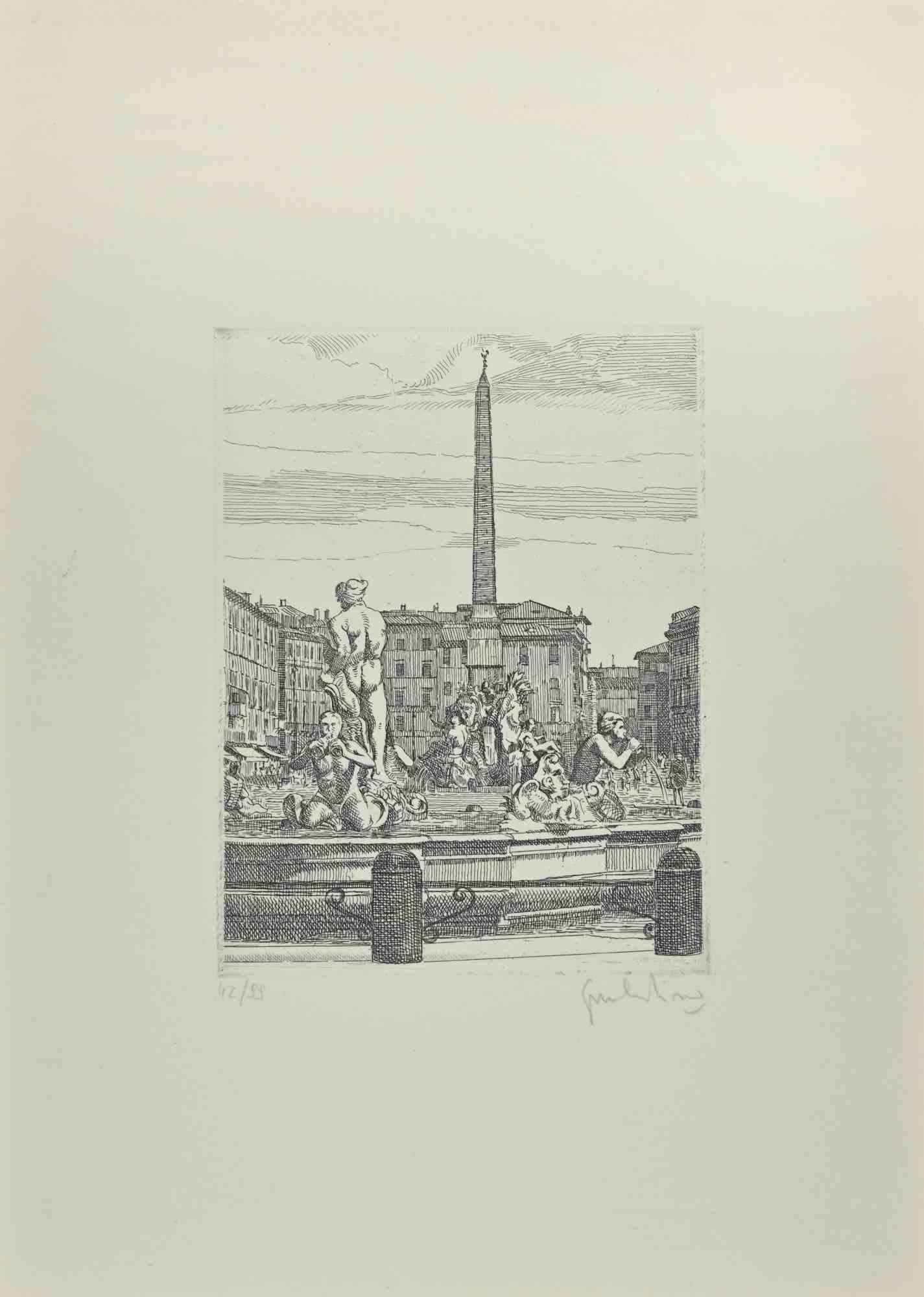 Navona Square - Fountain of 4 Rivers ist ein Kunstwerk von Giuseppe Malandrino.

Druck in Ätztechnik.

Vom Künstler in der rechten unteren Ecke mit Bleistift handsigniert.

Nummerierte Auflage von 99 Exemplaren.

Guter Zustand. 

Dieses Kunstwerk