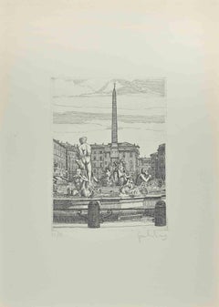 Navona Square - Fountain of 4 Rivers -  Etching by Giuseppe Malandrino - 1972