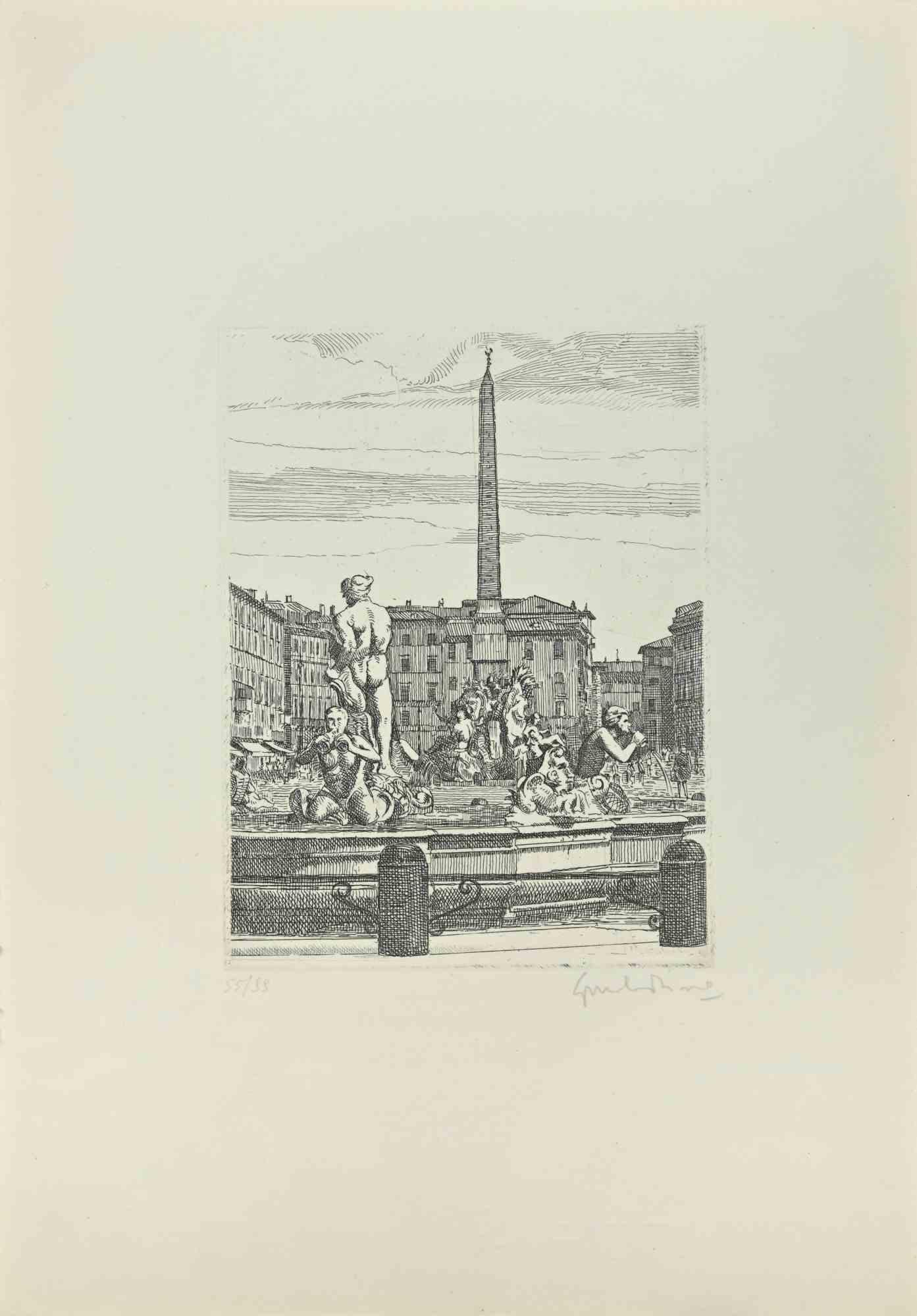 Navona Square - Fountain of 4 Rivers is an artwork realized by Giuseppe Malandrino.

Print in etching technique.

Hand-signed by the artist in pencil on the lower right corner.

Numbered edition of 99 copies.

Good condition. 

This artwork