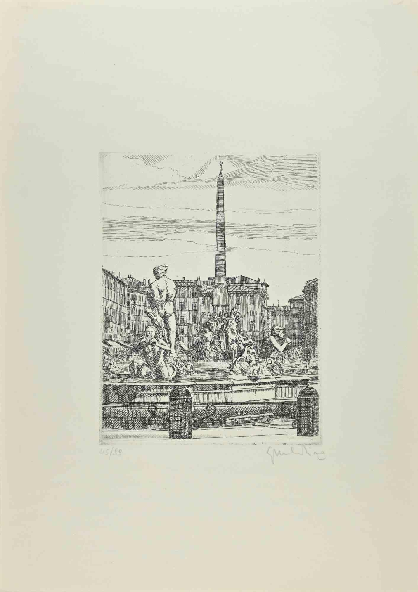 Navona Square - Fountain of 4 Rivers is an artwork realized by Giuseppe Malandrino.

Print in etching technique.

Hand-signed by the artist in pencil on the lower right corner.

Numbered edition of 99 copies.

Good condition. 

This artwork