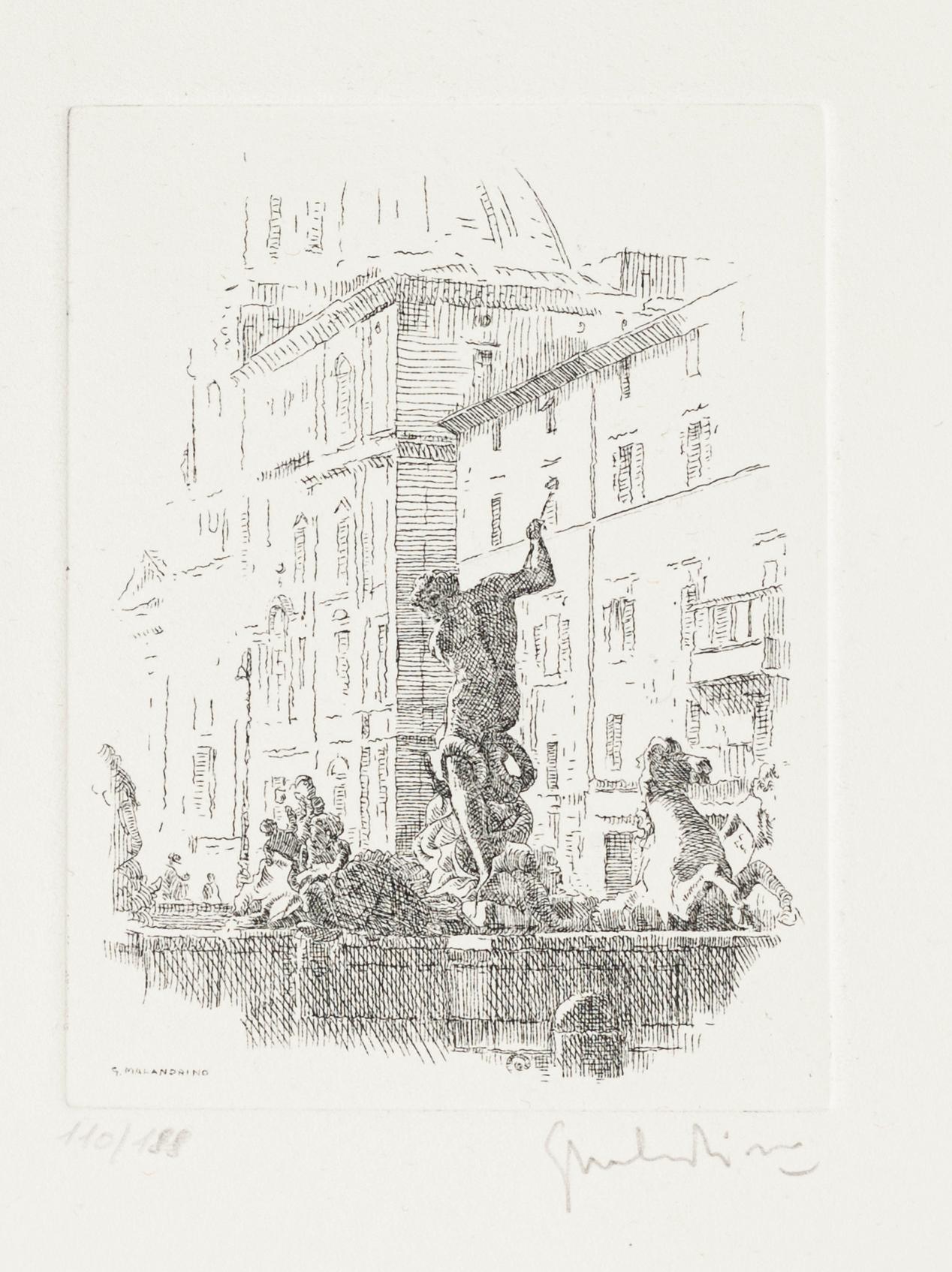Navona Square - Fountain of the Triton is an original artwork realized in the 1960s by Giuseppe Malandrino.

Original hand-colored print.

Hand-signed by the artist in pencil on the lower right corner.

Good conditions.

This artwork shows a glimpse