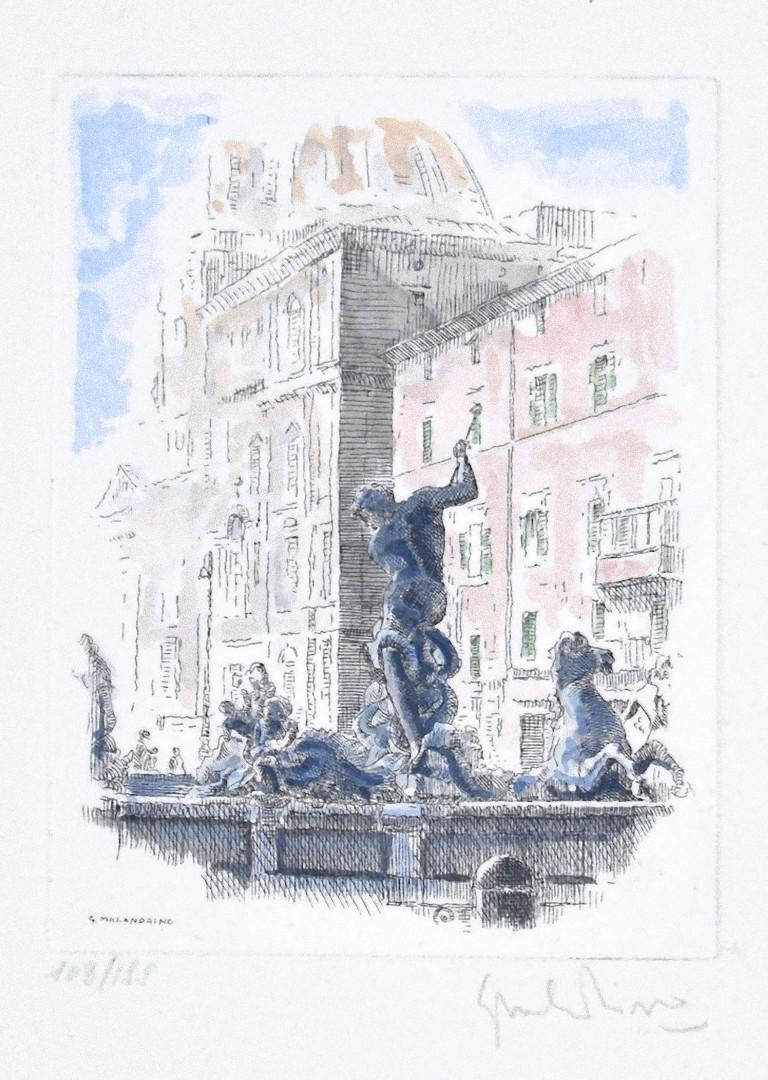 Giuseppe Malandrino Figurative Print - Navona Square - Fountain of the Triton - Rome - Etching by G. Malandrino - 1970s