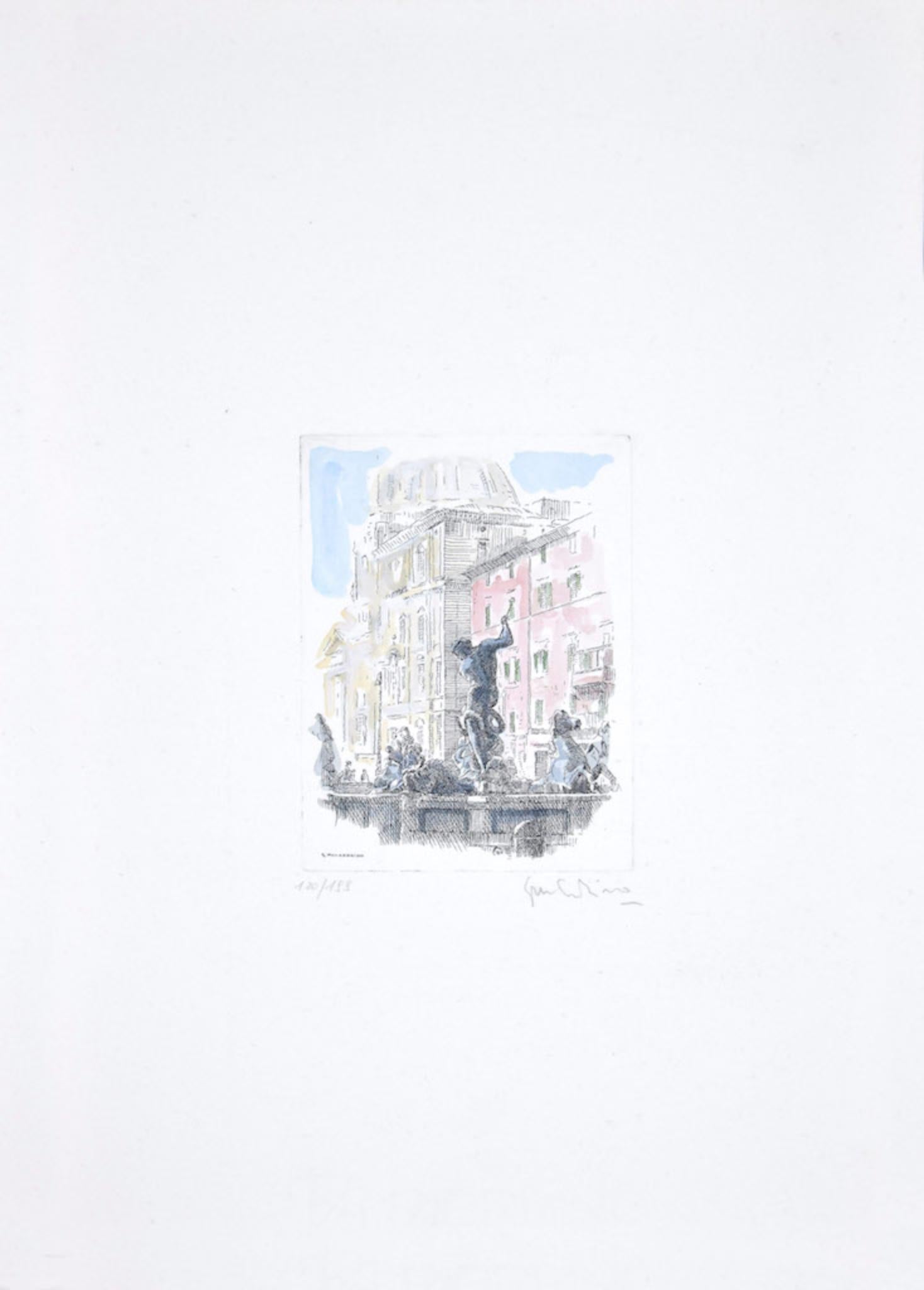 Navona Square - Original Etching by Giuseppe Malandrino - 1960 For Sale 1