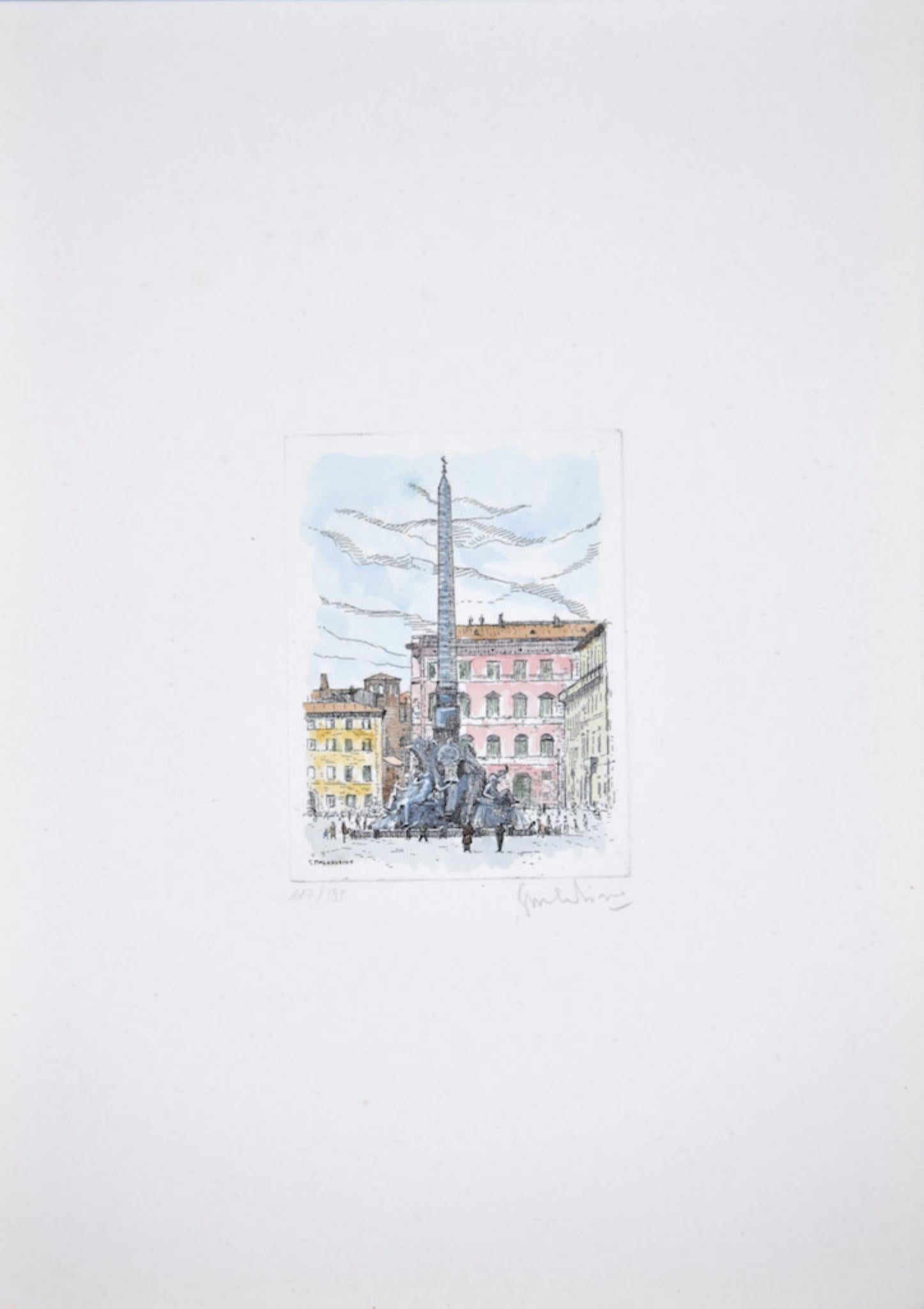 Navona Square - Original Etching by Giuseppe Malandrino - 1960 For Sale 1