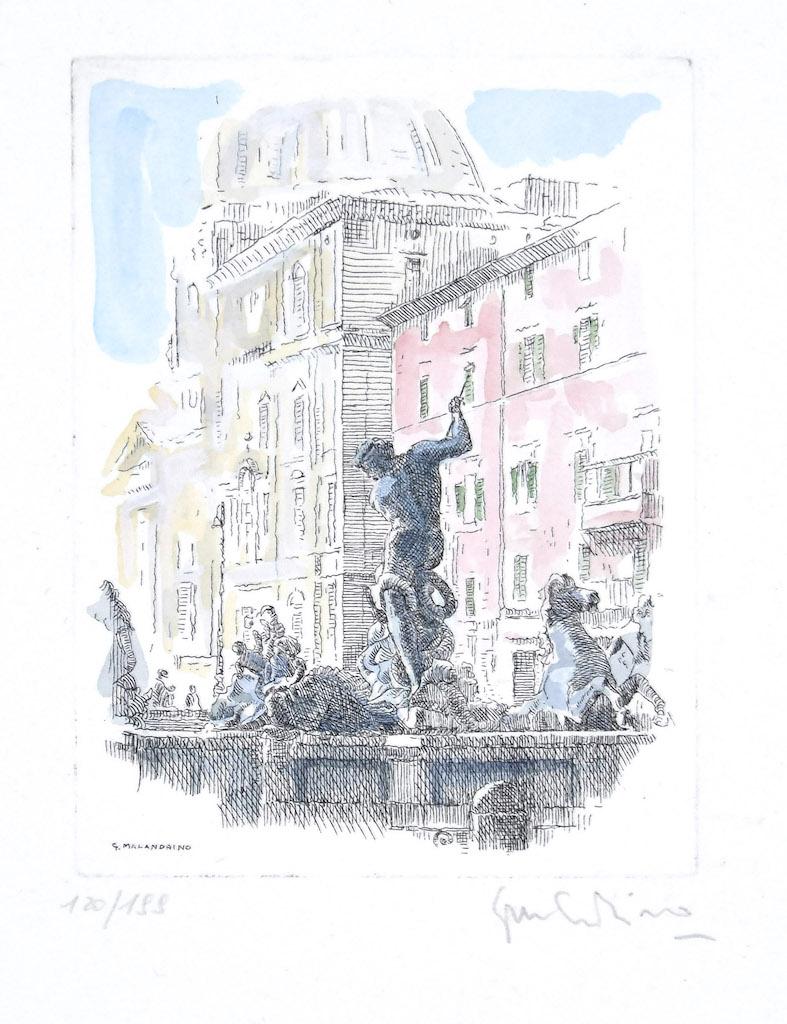 Navona Square is an original etching realized in the 1960s by Giuseppe Malandrino.

Original hand-colored etching.

Image Dimensions: 11.5 x 9 cm

Hand-signed by the artist in pencil on the lower right corner.

Numbered, edition 120/199.

Good