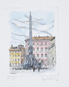 Vintage Navona Square - Original Etching by Giuseppe Malandrino - 1960