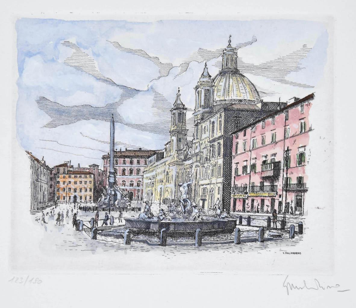 Navona Square - Original Etching by Giuseppe Malandrino - 1960s For Sale 1