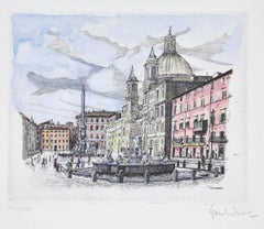Navona Square - Original Etching by Giuseppe Malandrino - 1960s