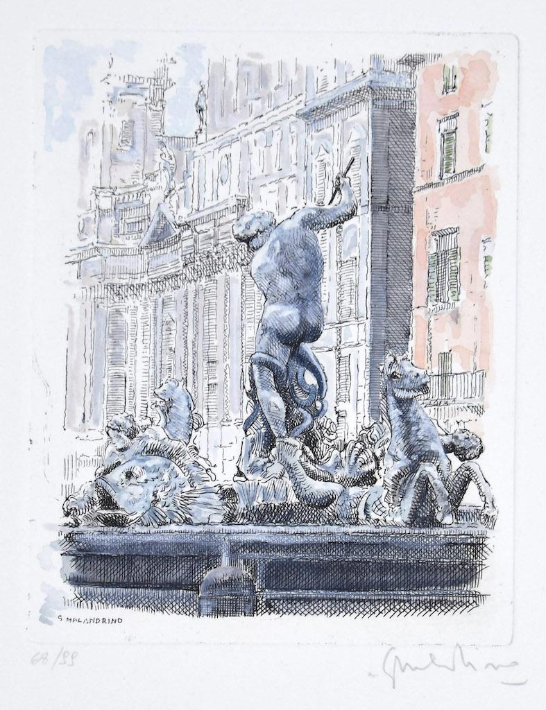 Navona Square is an original etching realized in the 1960s by Giuseppe Malandrino.

Original hand-colored etching.

Hand-signed by the artist in pencil on the lower right corner.

Numbered, edition 68/99.

Good conditions.

This artwork shows a