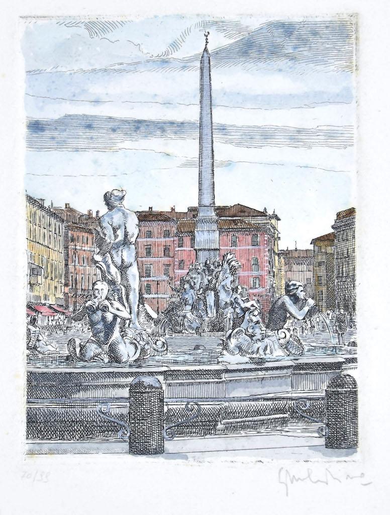 Navona Square is an original etching realized in the 1960s by Giuseppe Malandrino.

Original hand-colored print.

Hand-signed by the artist in pencil on the lower right corner.

Image Dimensions: 16.5 x 12.5 cm

Numbered, edition 70/99.

Good