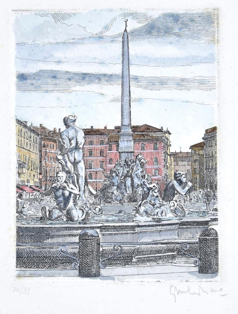 Plaza Navona es un grabado original realizado en los años sesenta por Giuseppe Malandrino.

Grabado original coloreado a mano.

Firmado a mano por el artista a lápiz en la esquina inferior derecha.

Dimensiones de la imagen: 16,5 x 12,5