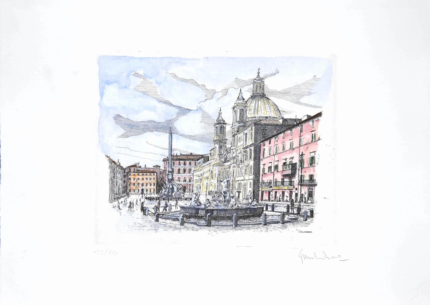 Navona Square is an original etching realized in the 1960s by Giuseppe Malandrino.

Original hand-colored print.

Image Dimensions: 15.5 x 16.5 cm

Hand-signed by the artist in pencil on the lower right corner.

Numbered, edition 123/190.

Good
