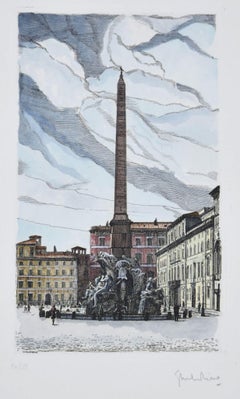 Tableau Navona Square, gravure originale de Giuseppe Malandrino, années 1970
