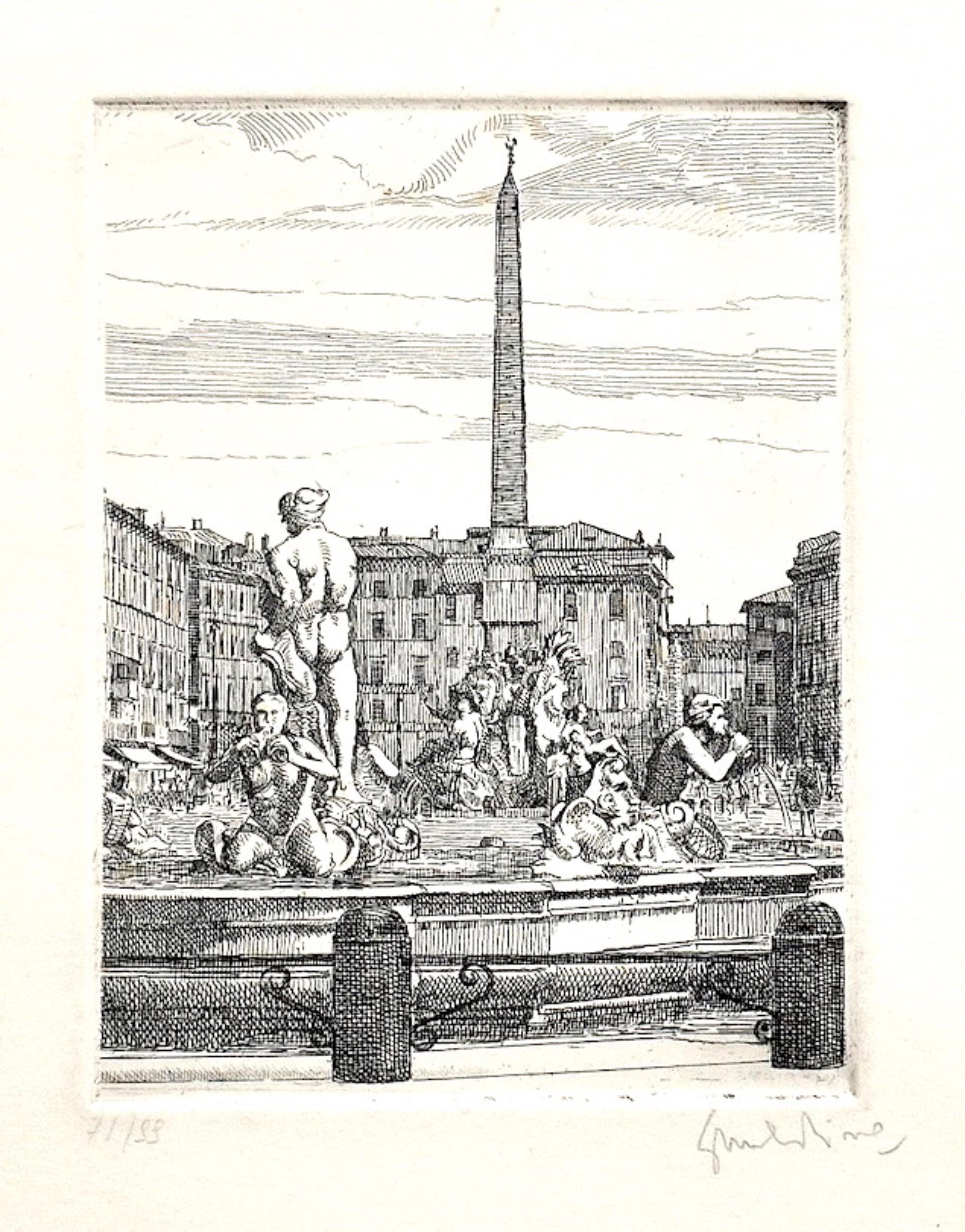 Navona Square - Rome is an original artwork realized by Giuseppe Malandrino.

Original print in etching technique.

Hand-signed by the artist in pencil on the lower right corner. Numbered on the lower-left corner. Edition 71/99.

 Image Dimensions: