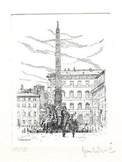 Vintage Navona Square - Original Etching by Giuseppe Malandrino - 1970s