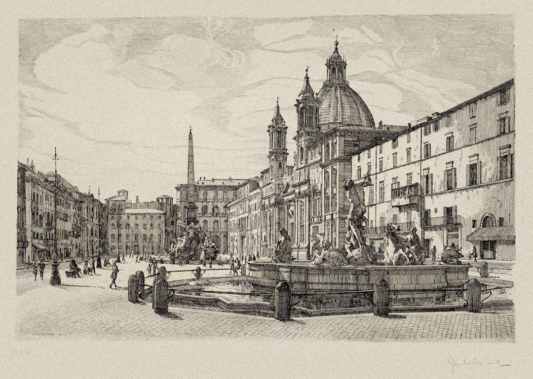 Navona Square - Rom ist ein Originalkunstwerk von Giuseppe Malandrino.

Originaldruck in Ätztechnik.

Vom Künstler in der rechten unteren Ecke mit Bleistift handsigniert.

Nummerierte Ausgabe 79/99

Gute Bedingungen. 

Dieses Kunstwerk stellt den