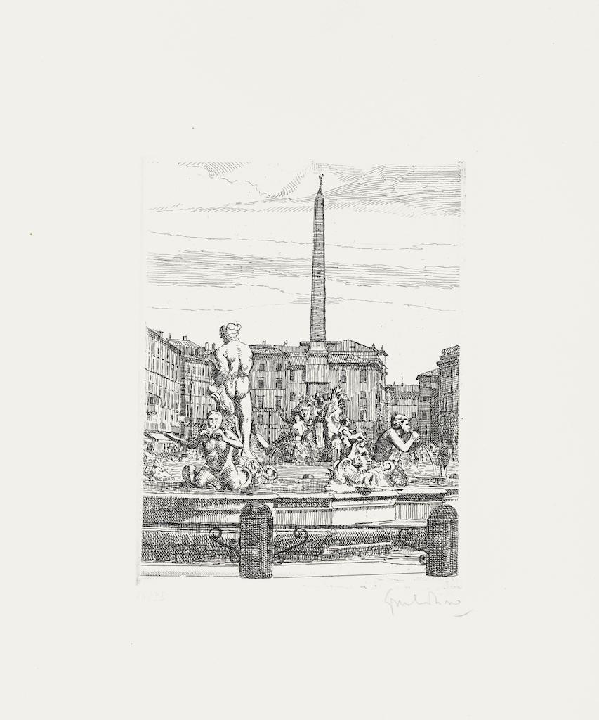 Navona Square is an original artwork realized in the 1960s by Giuseppe Malandrino.

Original hand-colored print.

Hand-signed by the artist in pencil on the lower right corner.

Good conditions.

This artwork shows a glimpse of Navona Square with a