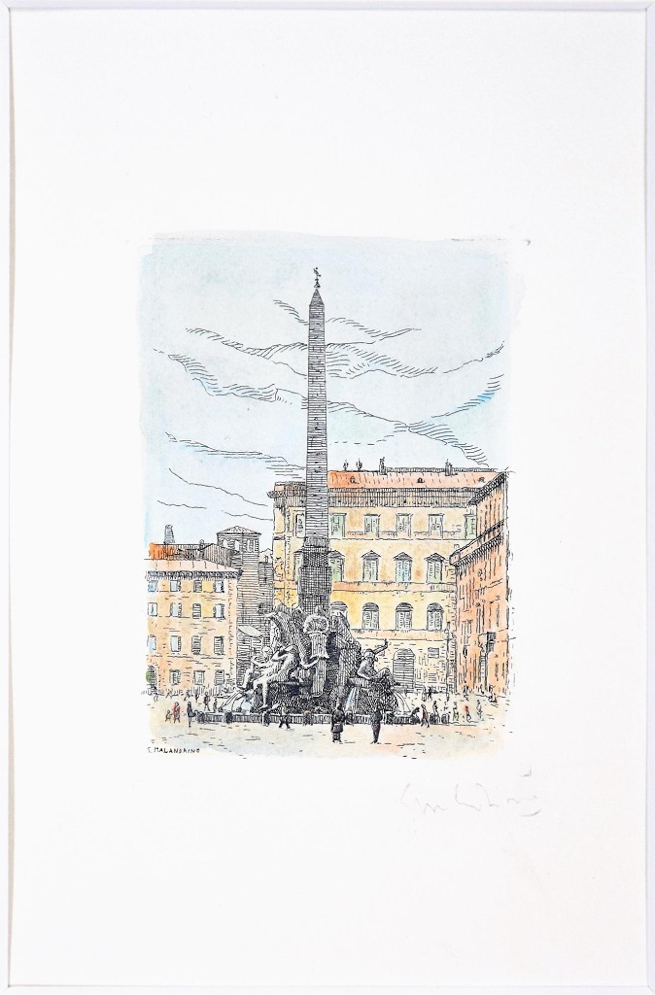 Giuseppe Malandrino Landscape Print - Navona Square (Rome, Italy)  - Original Etching by G. Malandrino 