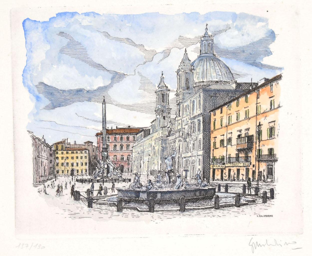 Navona Square - Rome is an original artwork realized by Giuseppe Malandrino.

Original print in etching technique.

Hand-signed by the artist in pencil on the lower right corner.numbered, editing 101/199.

Good conditions. 

This artwork represents