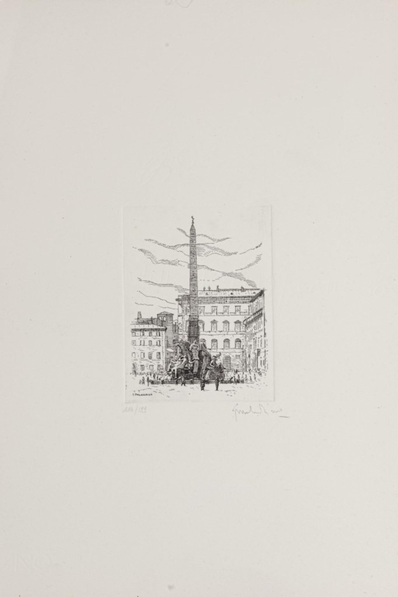 Navona Square / Rome - Original Etching by Giuseppe Malandrino - 1972 For Sale 1