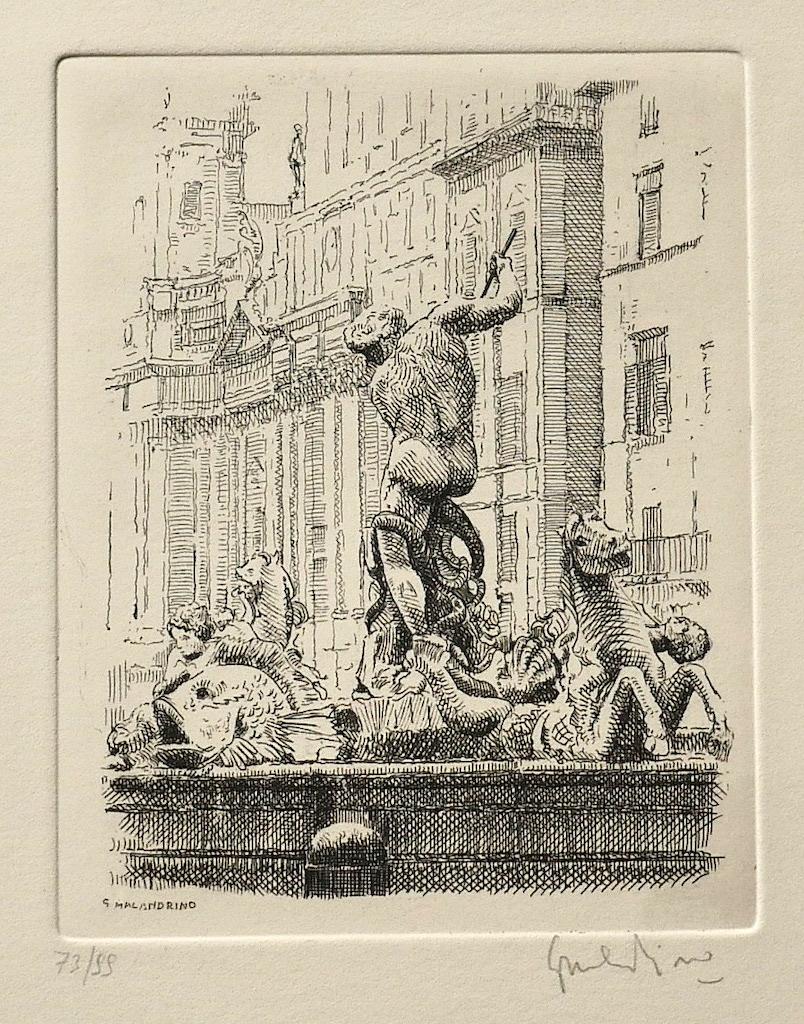 Navona Square, The Triton Fountain - Etching by Giuseppe Malandrino - 1970