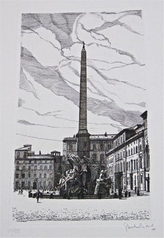 Obelisk in Piazza Navona - Etching by Giuseppe Malandrino - 1970s