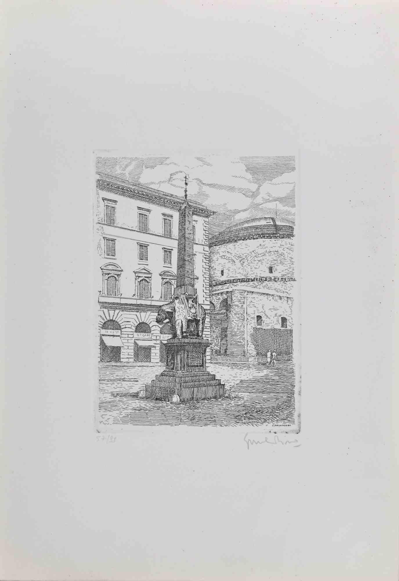 Piazza della Minerva - Rom ist ein Kunstwerk, das in den 1970er Jahren von Giuseppe Malandrino realisiert wurde.

Original B.W. Ätzdruck.

Vom Künstler in der rechten unteren Ecke mit Bleistift handsigniert. In der linken unteren Ecke nummeriert.