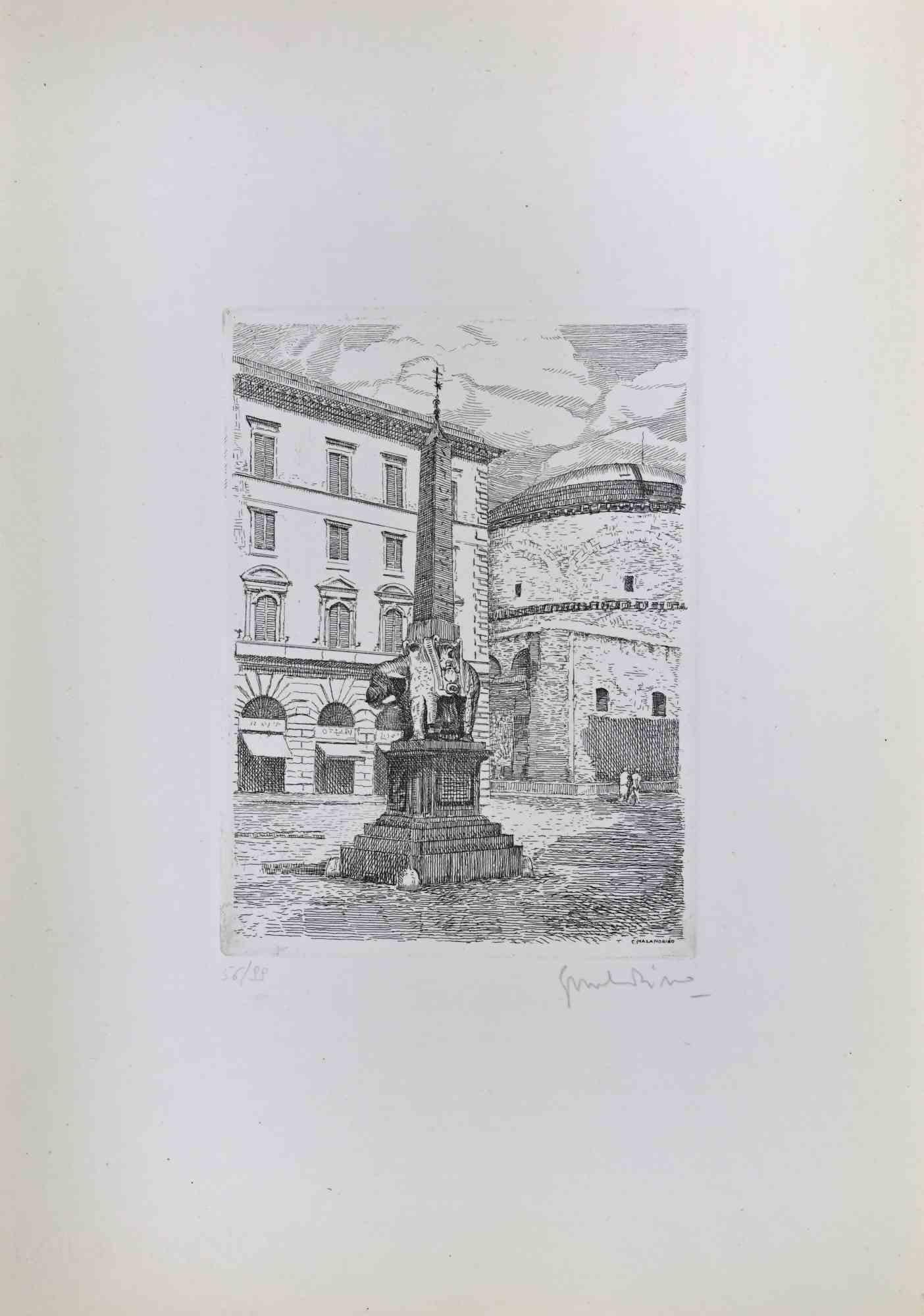 Piazza della Minerva - Rome  is an artwork realized in the  1970s  by Giuseppe Malandrino.

Original B.W. etching print.

Hand-signed by the artist in pencil on the lower right corner. Numbered on the lower left corner. Edition 56/99.

Good