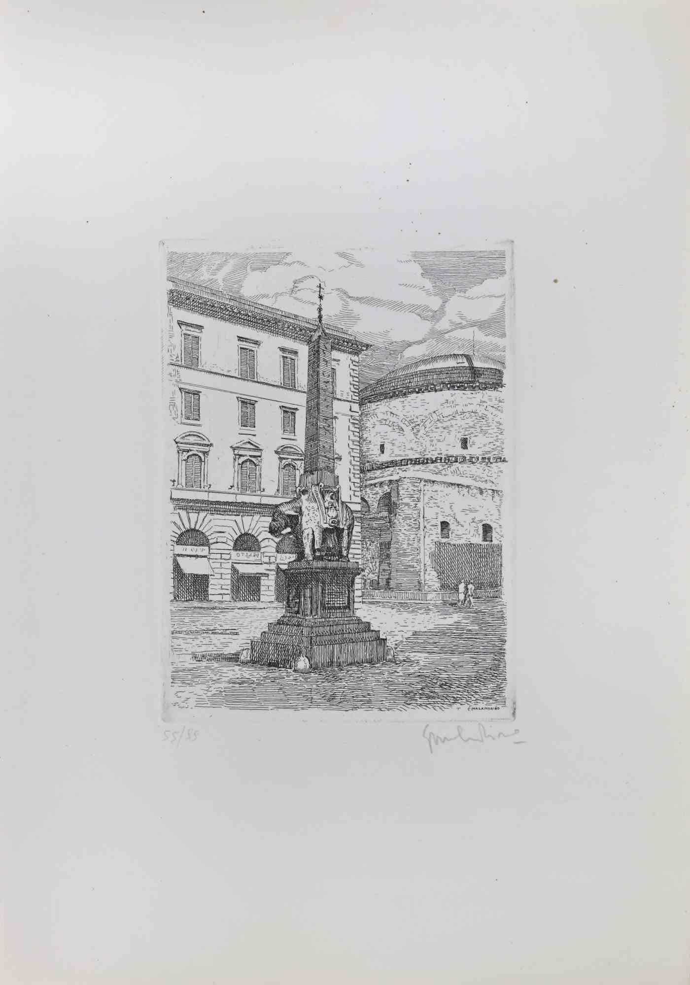 Piazza della Minerva - Rome  is an artwork realized in the  1970s  by  Giuseppe Malandrino .

Original B.W. etching print.

Hand-signed by the artist in pencil on the lower right corner. Numbered on the lower left corner. Edition 55/99.

Good