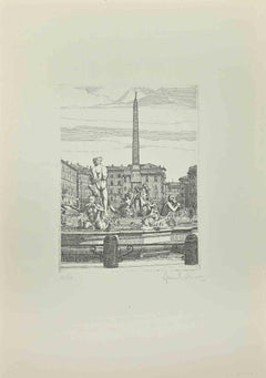 Vintage Piazza Navona  -  Etching by Giuseppe Malandrino - 1970