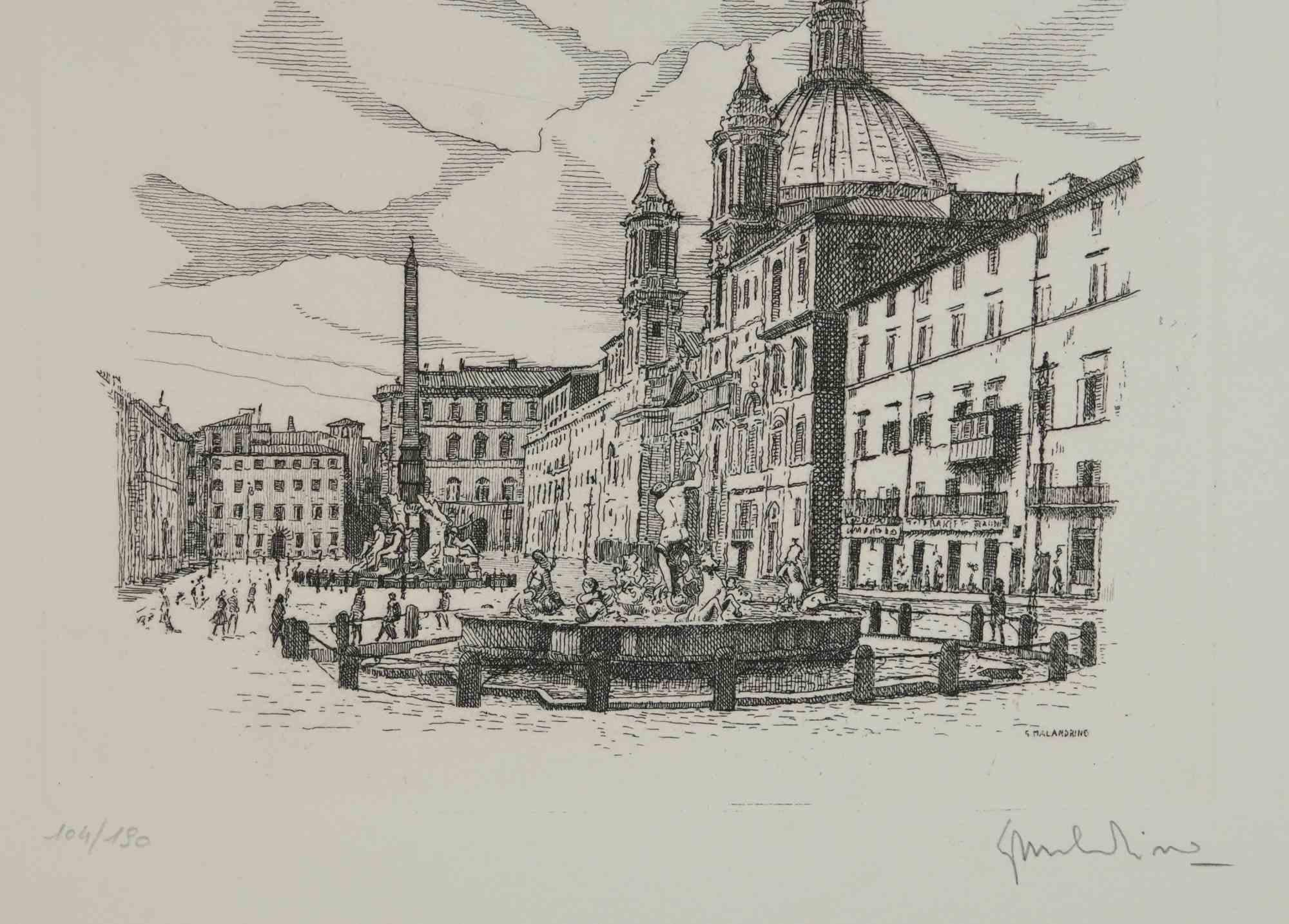 Piazza Navona  - Etching by Giuseppe Malandrino - 1970s For Sale 1