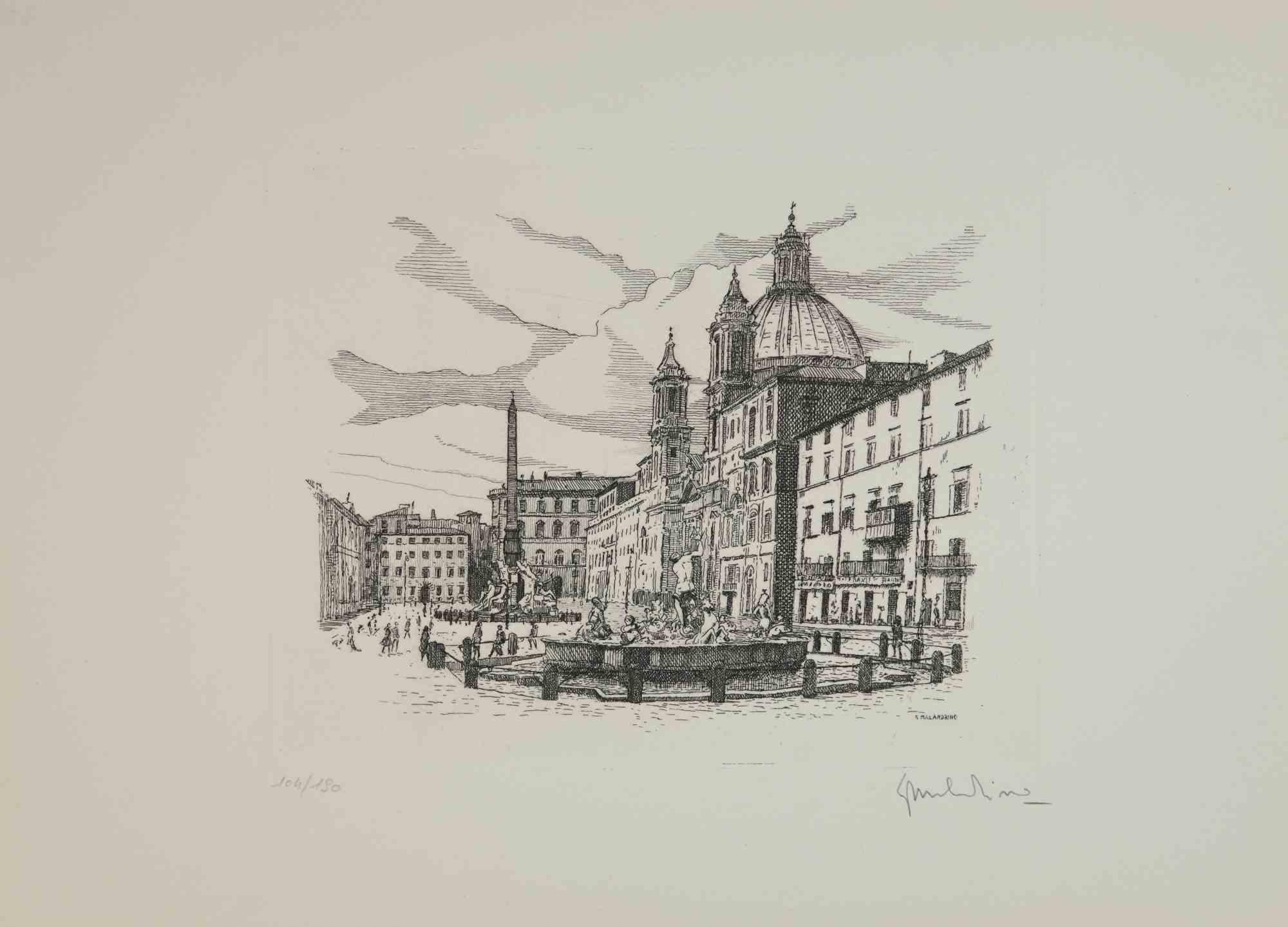 Piazza Navona is an artwork realized by Giuseppe Malandrino.

Print in etching technique.

Hand-signed by the artist in pencil on the lower right corner.

Numbered edition104/190 .

Good condition. 

This artwork represents the beautiful Roman
