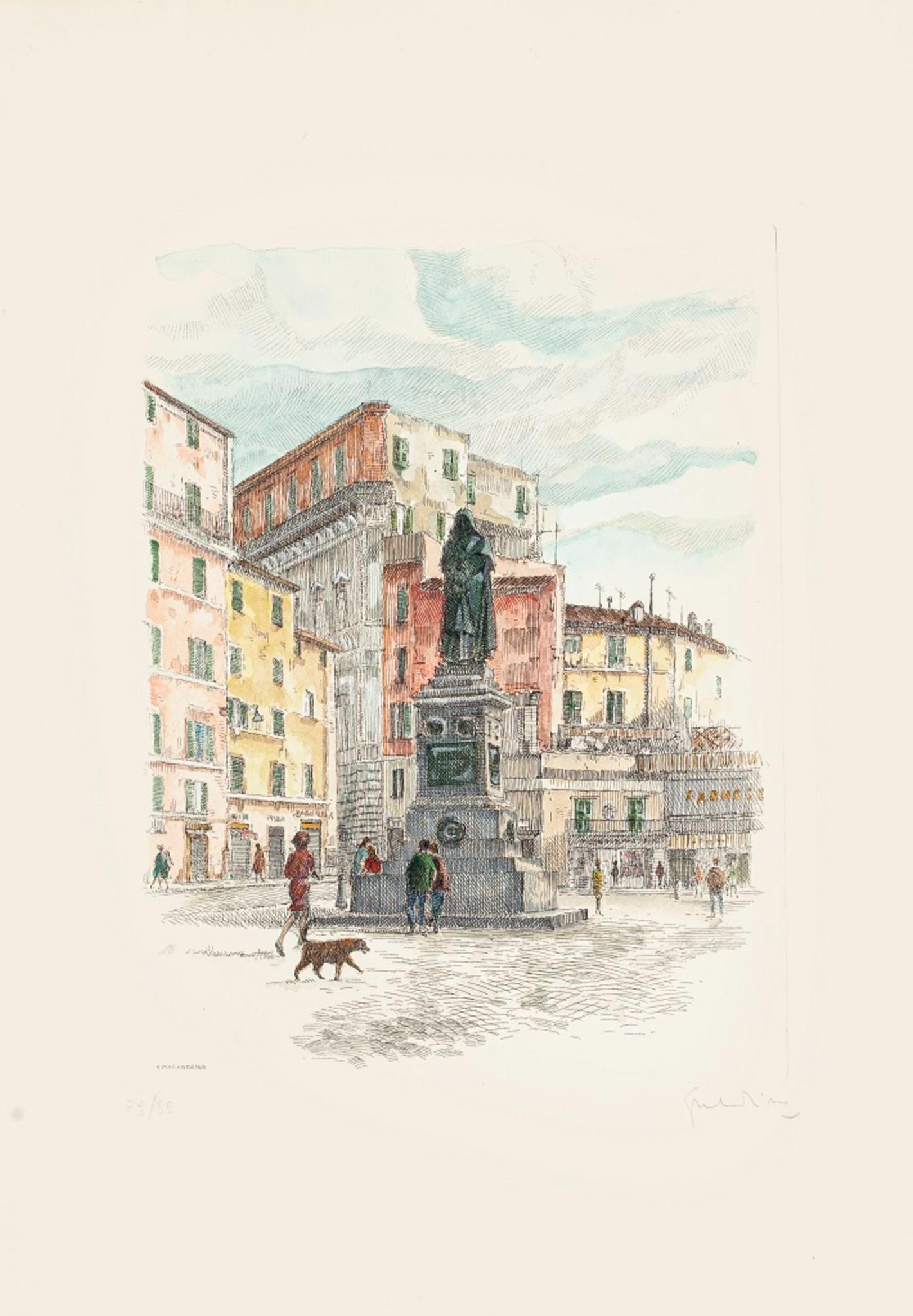 Navona Square - Rome is an original artwork realized by Giuseppe Malandrino.

Original print in etching technique.

Hand-signed by the artist in pencil on the lower right corner. Numbered on the lower-left corner. Edition 116/199.

Good conditions.