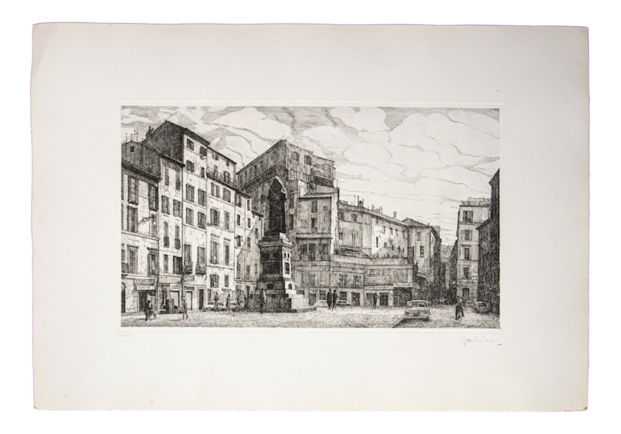 Roma Campo de' Fiori es una obra de arte contemporáneo original realizada en 1971 por el artista italiano Giuseppe Malandrino (Módica, 1910 - Roma, 1979).

Aguafuerte sobre papel.

Firmado a mano con lápiz en la esquina inferior derecha. Numerada en