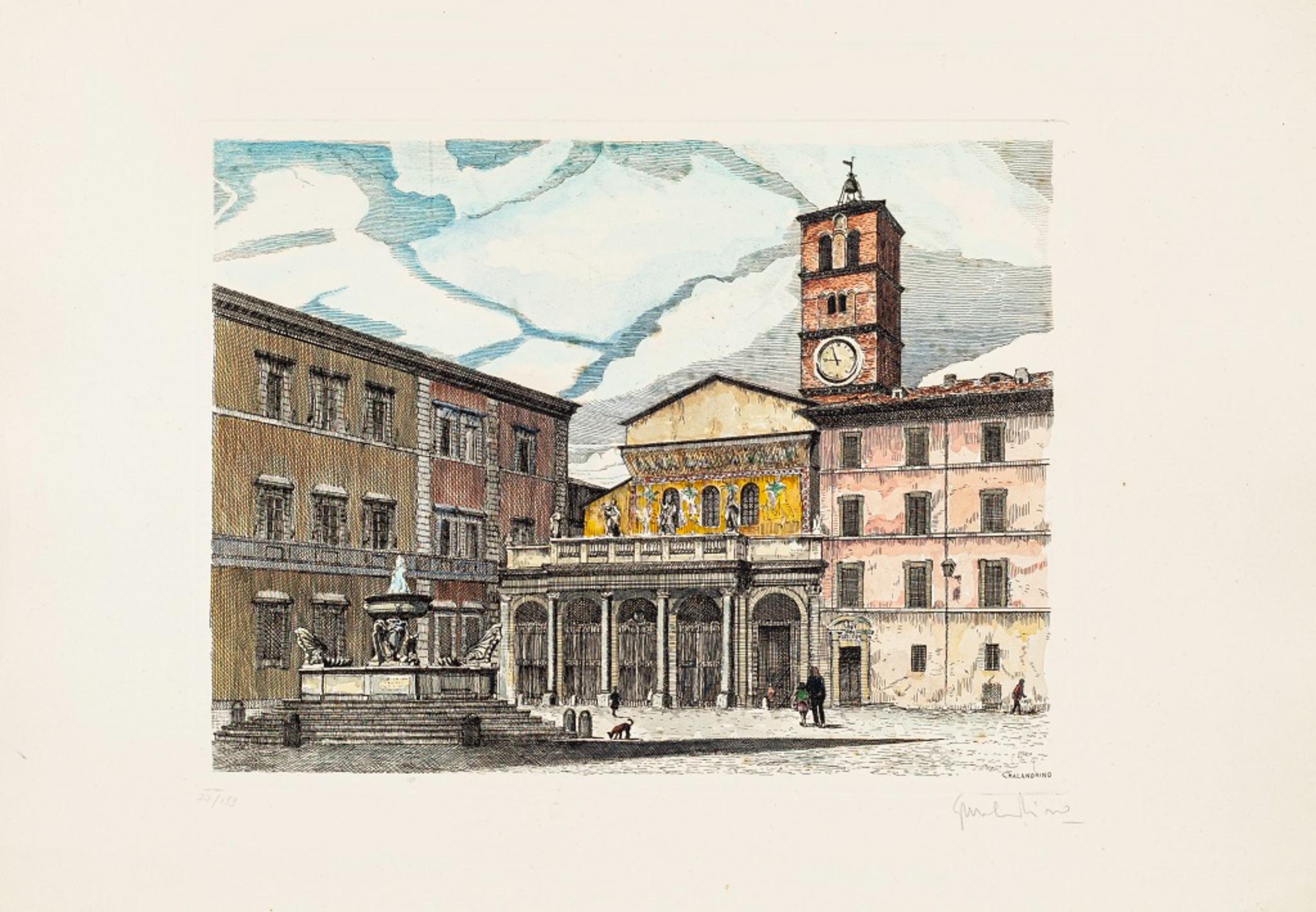 Roma Santa Maria in Trastevere - Original Etching by Giuseppe Malandrino - 1970s