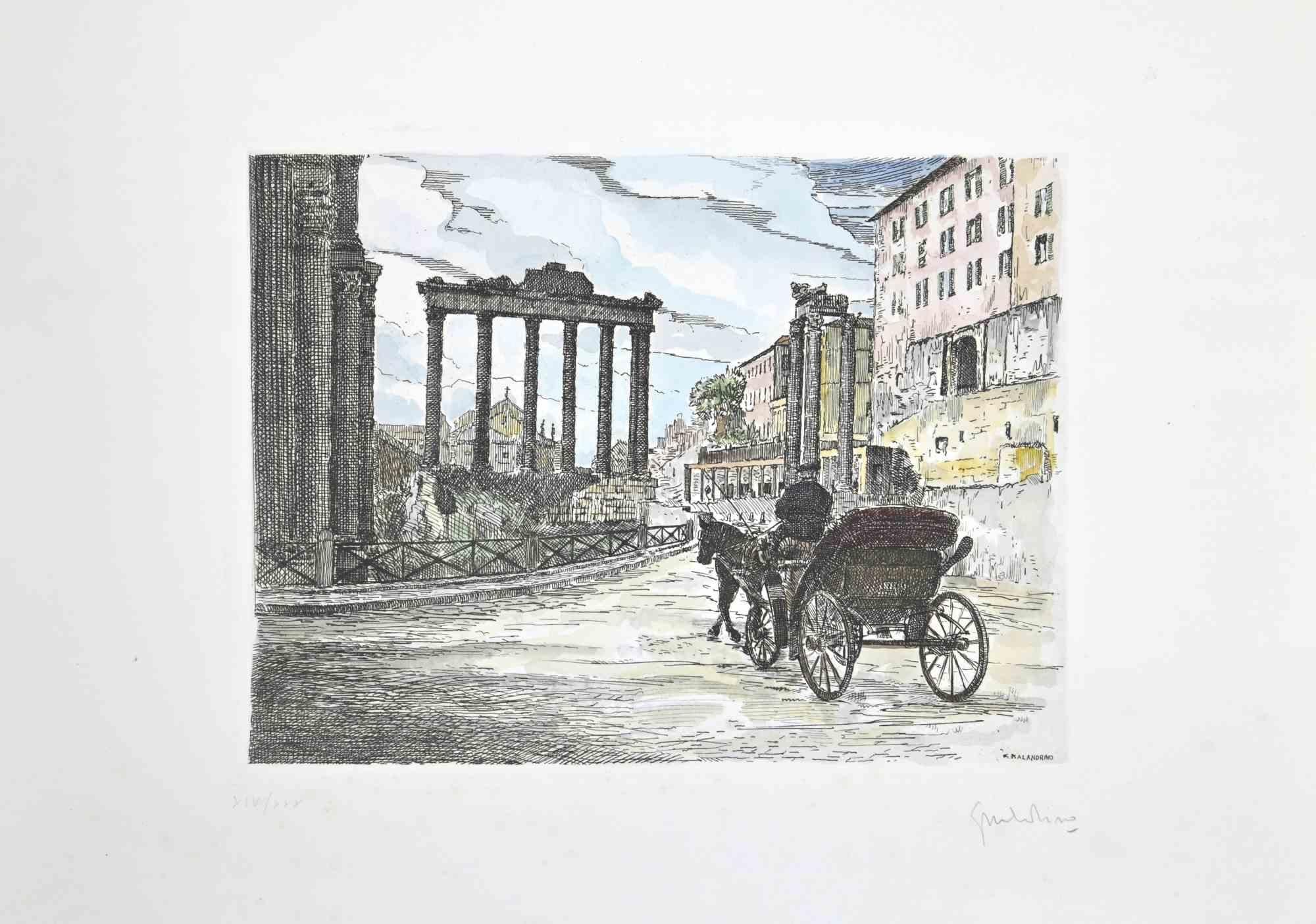 Roman Forum is an artwork realized by Giuseppe Malandrino.

Print in etching technique and hand watercolored.

Hand-signed by the artist in pencil on the lower right corner.

Numbered edition of 30 copies.

Good condition.

This artwork represents
