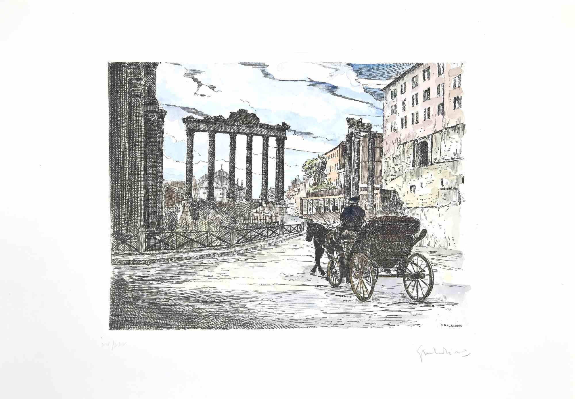Roman Forum is an artwork realized by Giuseppe Malandrino.

Print in etching technique and hand watercolored.

Hand-signed by the artist in pencil on the lower right corner.

Numbered edition of 30 copies.

Good condition.

This artwork represents