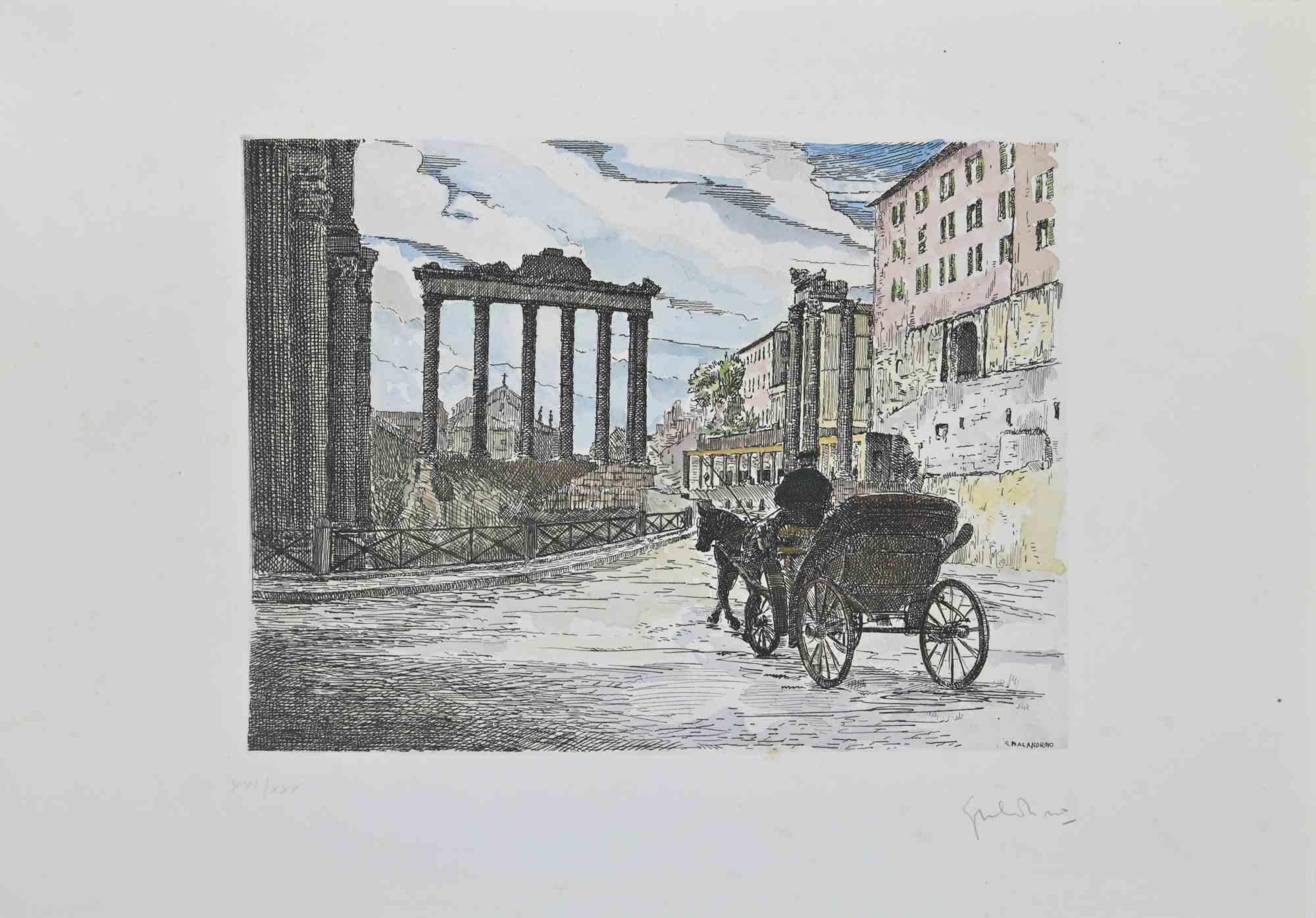Roman Forum is an artwork realized by Giuseppe Malandrino.

Print in etching technique and hand watercolored.

Hand-signed by the artist in pencil on the lower right corner.

Numbered edition of 30 copies.

Good condition with slight foxing.

This