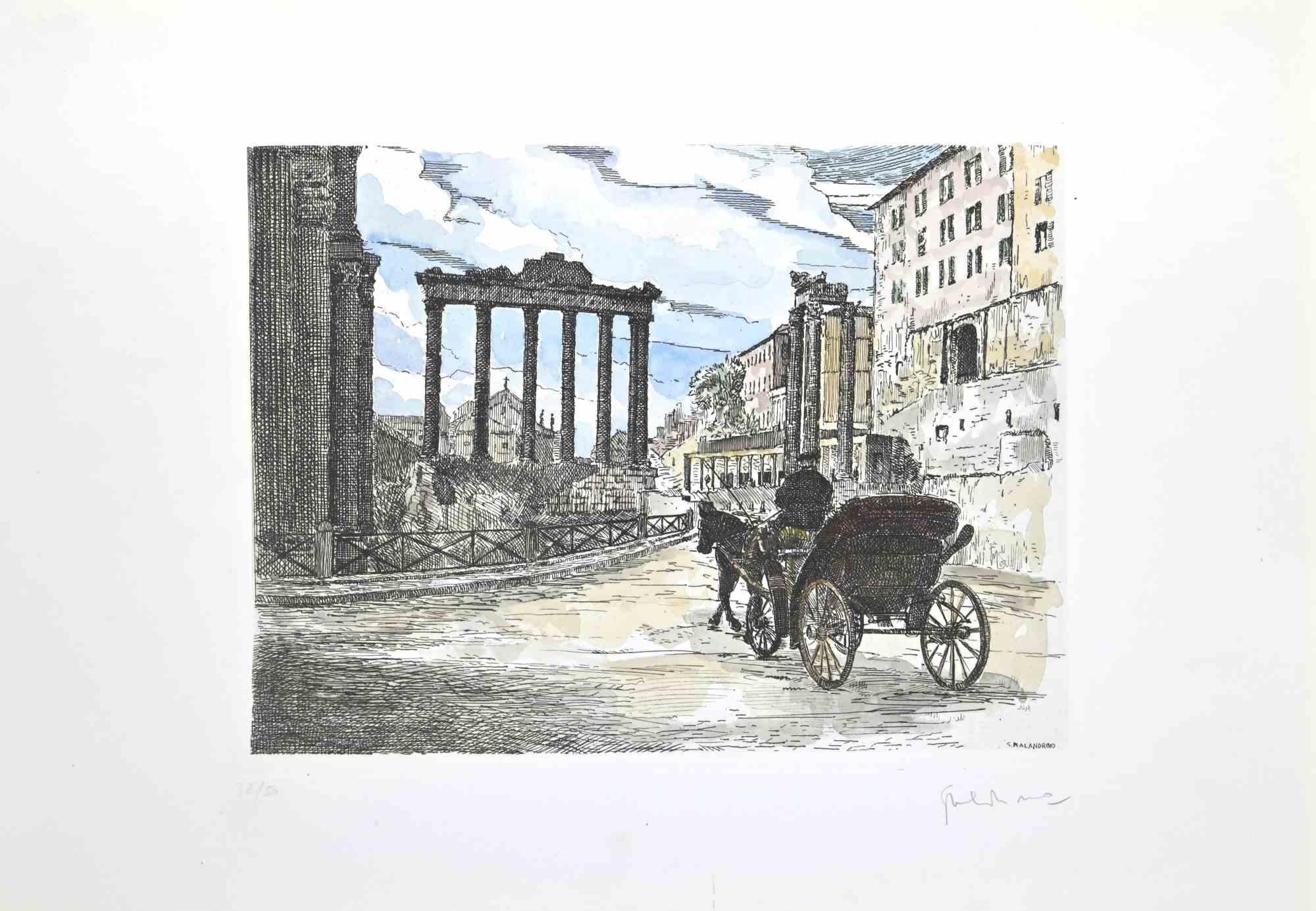 Roman Forum is an artwork realized by Giuseppe Malandrino.

Original print in etching technique and hand watercolored.

Hand-signed by the artist in pencil on the lower right corner.

Numbered edition of 50 copies.

Good condition. 

This artwork