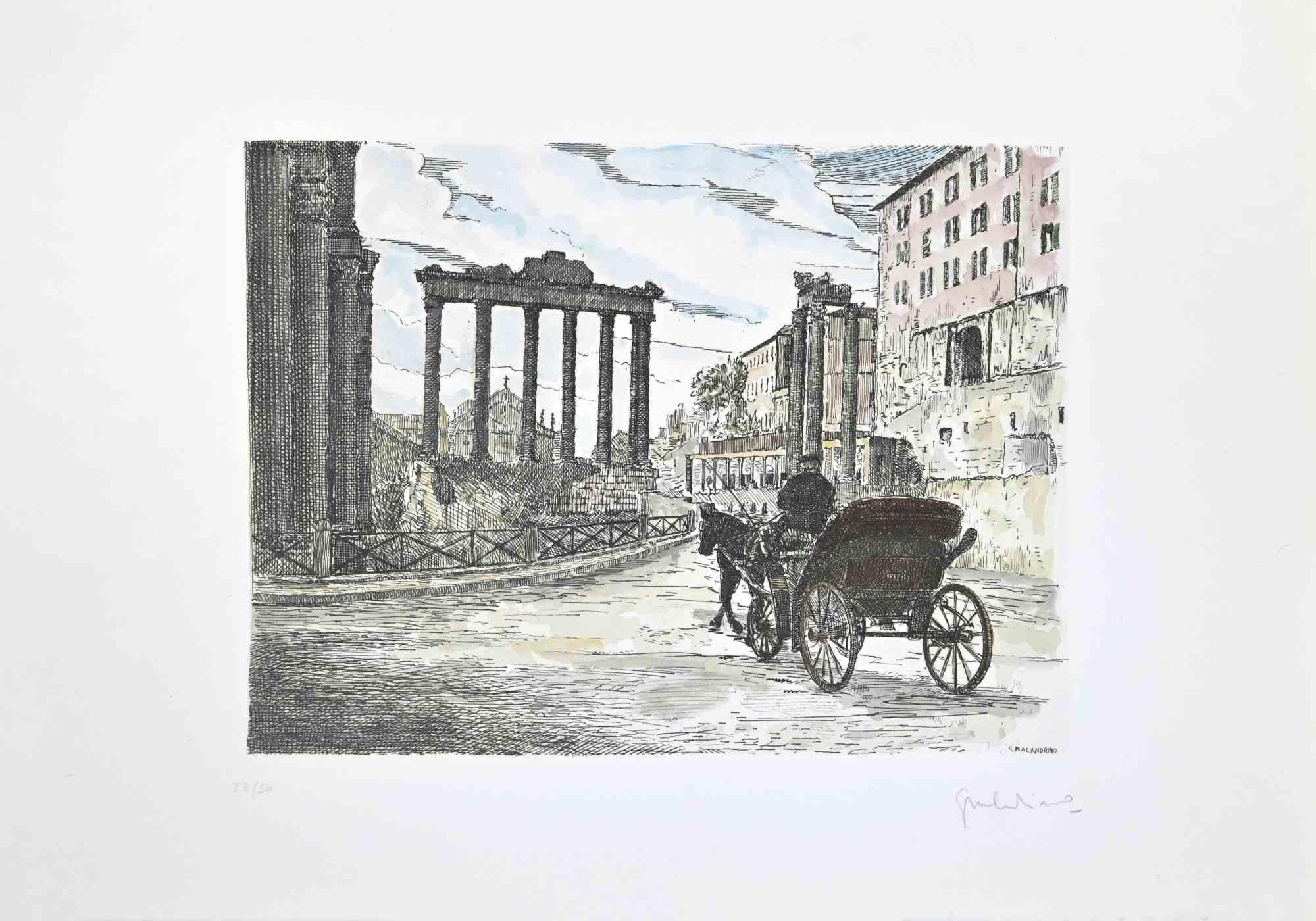 Roman Forum is an artwork realized by Giuseppe Malandrino.

Print in etching technique and hand watercolored.

Hand-signed by the artist in pencil on the lower right corner.

Numbered edition,37/50.

Good condition.

This artwork represents the