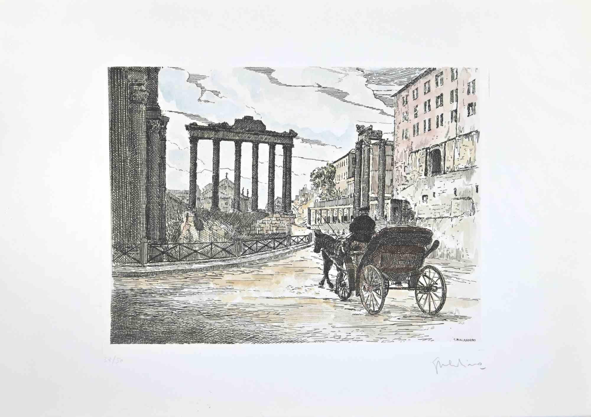 Roman Forum is an artwork realized by Giuseppe Malandrino.

Print in etching technique and hand watercolored.

Hand-signed by the artist in pencil on the lower right corner.

Numbered edition,38/50.

Good condition.

This artwork represents the