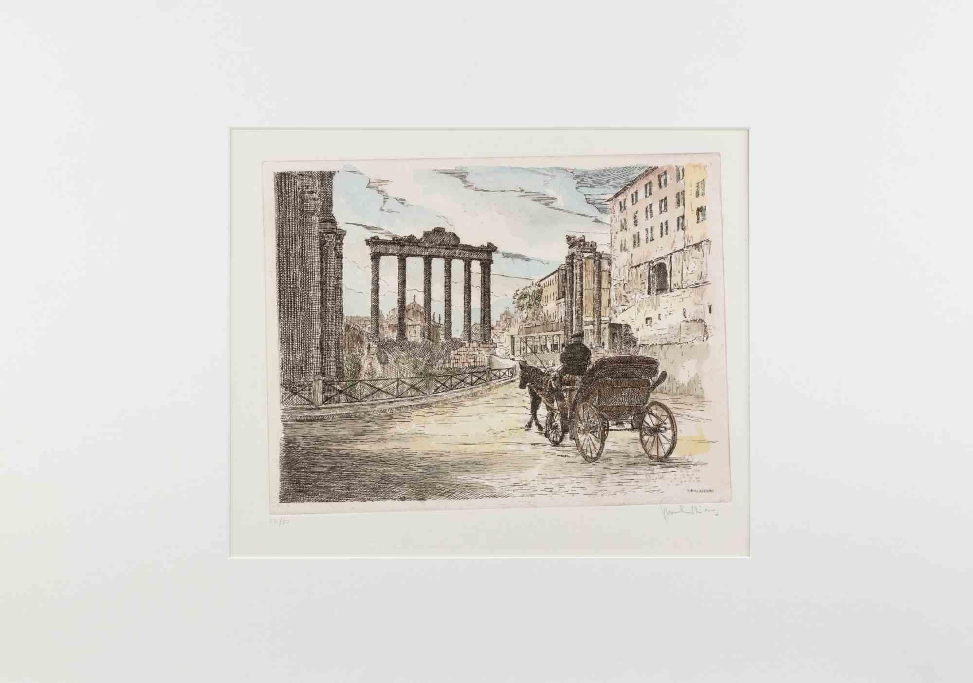 Foro Romano es una obra de arte realizada por Giuseppe Malandrino.

Impresión en técnica de aguafuerte y acuarela a mano.

Firmado a mano por el artista a lápiz en la esquina inferior derecha.

Edición numerada de 30 ejemplares.

Buen estado.

Esta