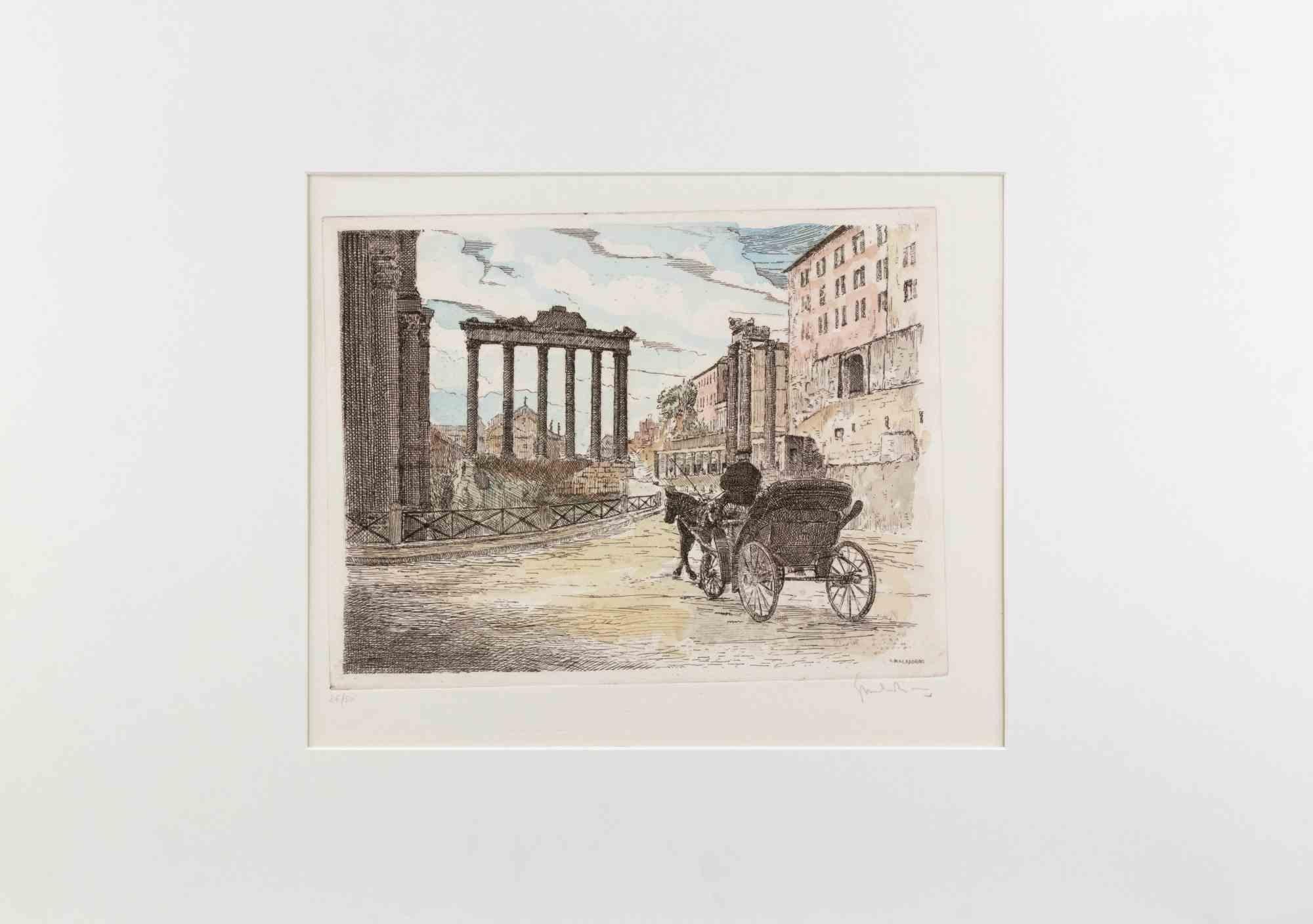 Foro Romano es una obra de arte realizada por Giuseppe Malandrino.

Impresión en técnica de aguafuerte y acuarela a mano.

Firmado a mano por el artista a lápiz en la esquina inferior derecha.

Edición numerada de 30 ejemplares.

Buen estado.

Esta