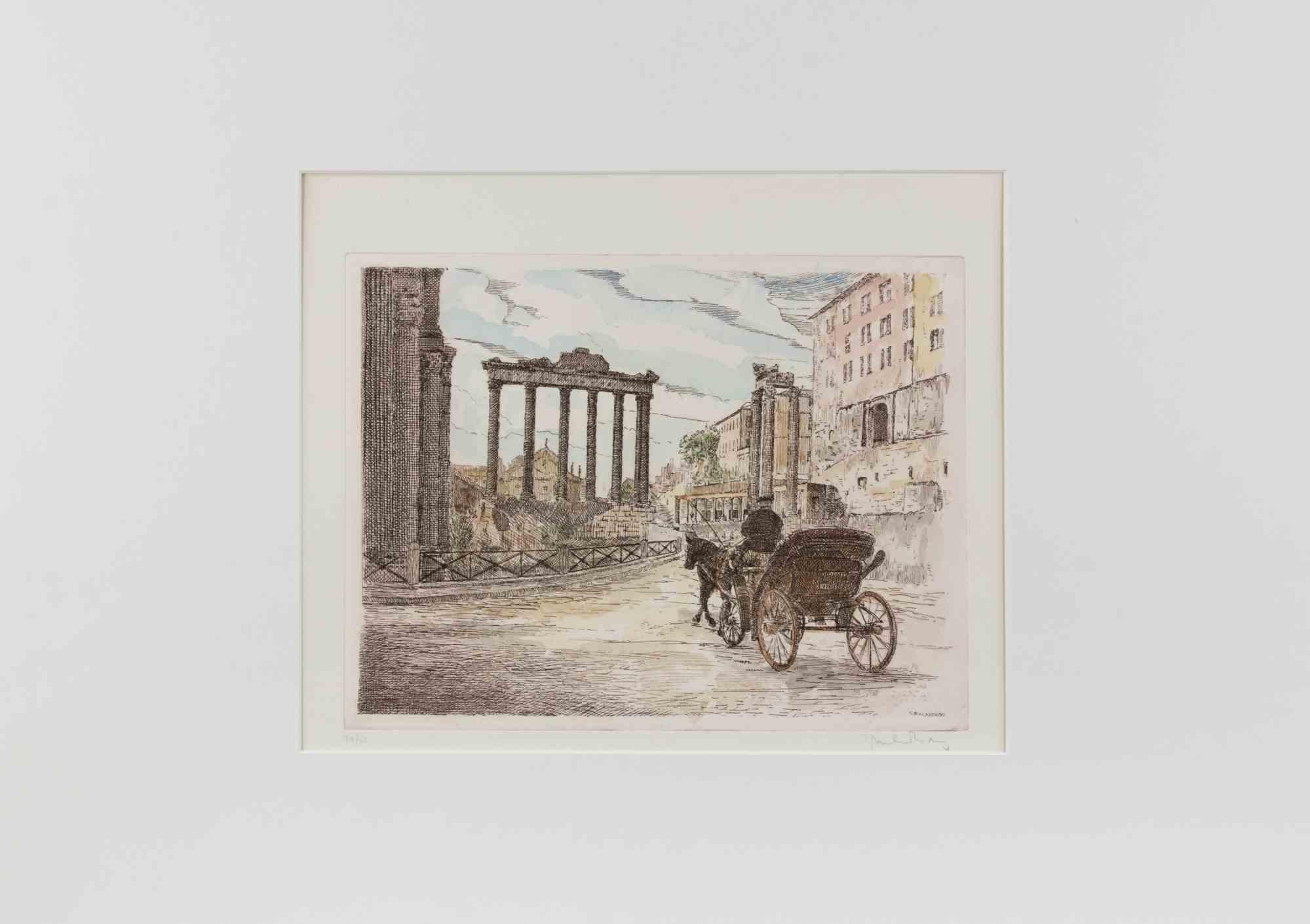 Roman Forum is an artwork realized by Giuseppe Malandrino.

Print in etching technique and hand watercolored.

Hand-signed by the artist in pencil on the lower right corner.

Numbered edition of 30 copies.

Good condition.

This artwork represents