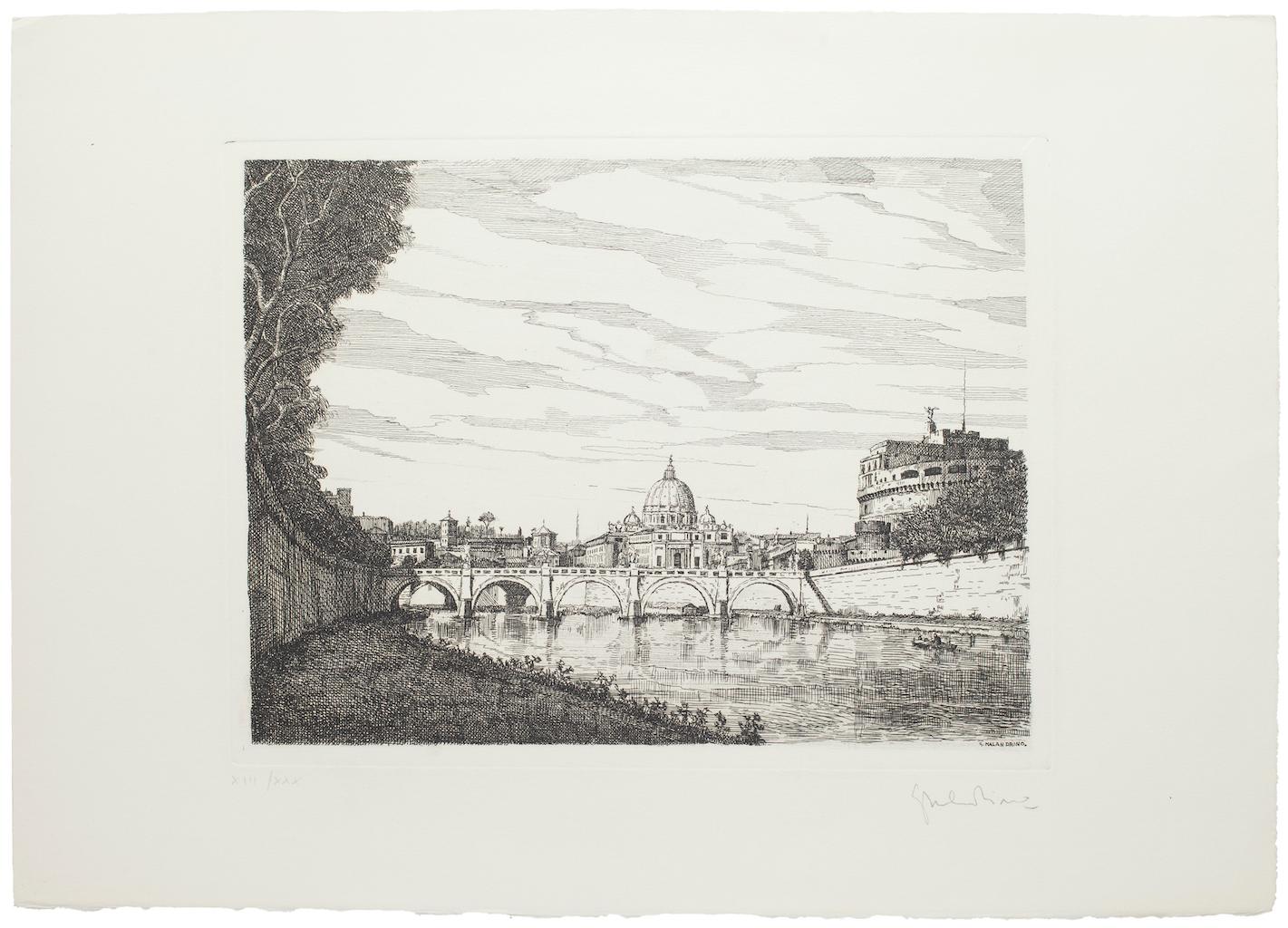 Roman Landscape is an original etching artwork realized by the Italian artist Giuseppe Malandrino.

Hand-signed by the artist on the lower right in pencil.

Numbered in Roman numerals, edition o XIII/XXX prints.

Perfect conditions. 

The artwork