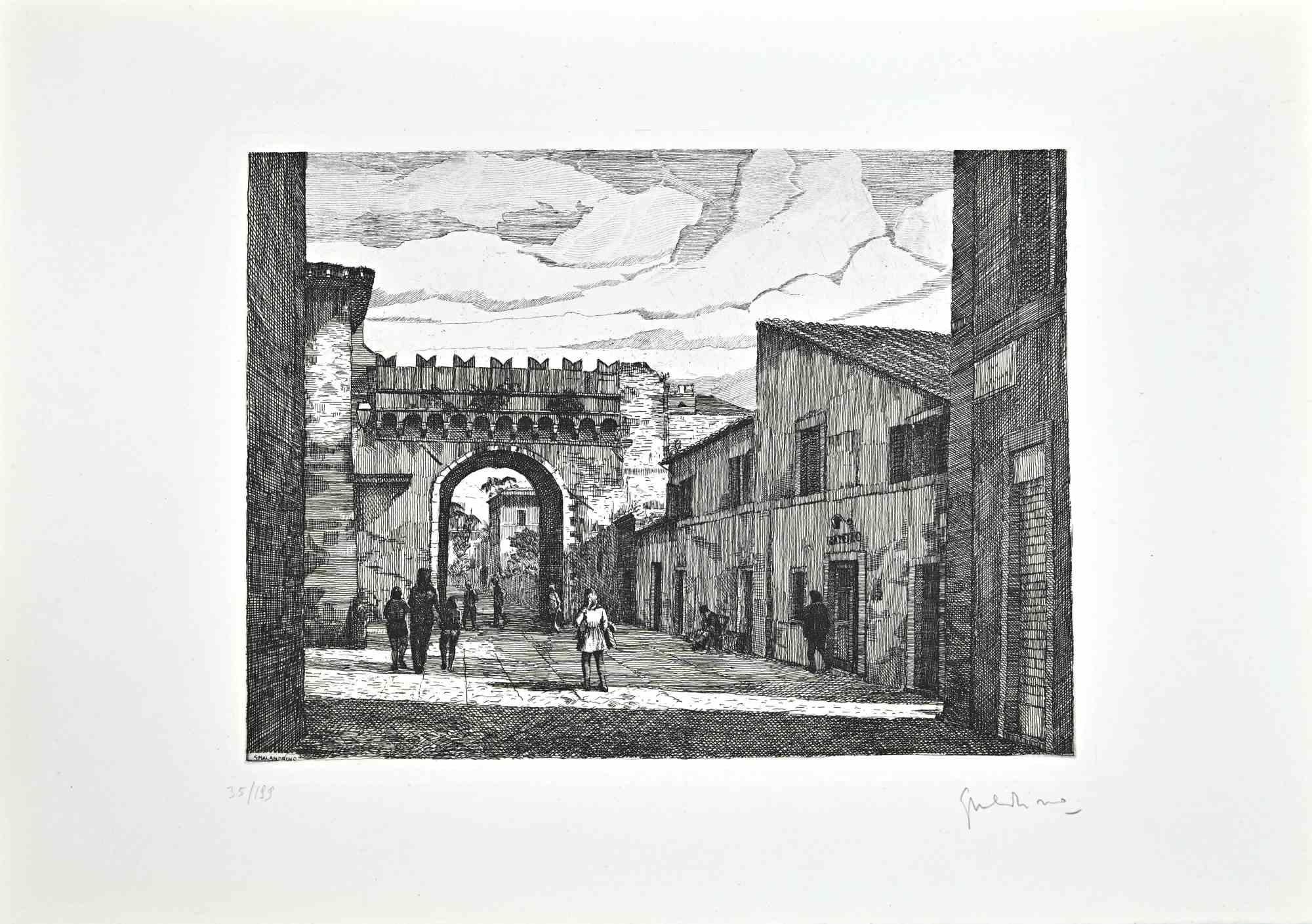 Roman View is an artwork realized by Giuseppe Malandrino.

Print in etching technique and hand watercolored.

Hand-signed by the artist in pencil on the lower right corner.

Numbered edition,35/199.

Good condition.

This artwork represents the