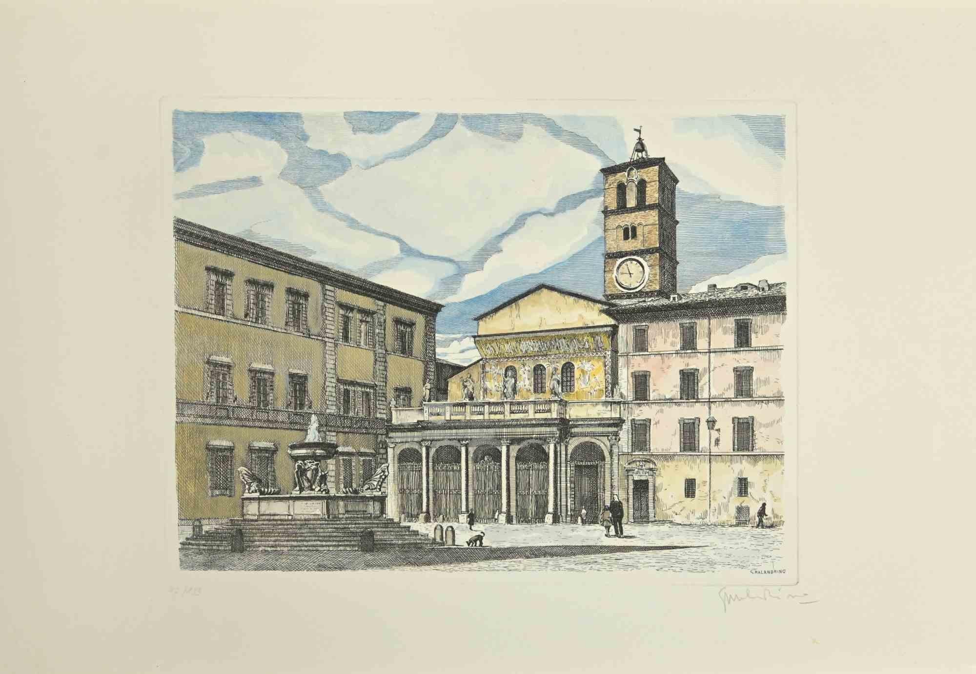 Roman View is an artwork realized by Giuseppe Malandrino.

Print in etching technique and hand watercolored.

Hand-signed by the artist in pencil on the lower right corner.

Numbered edition,75/199.

Good condition.

This artwork represents the