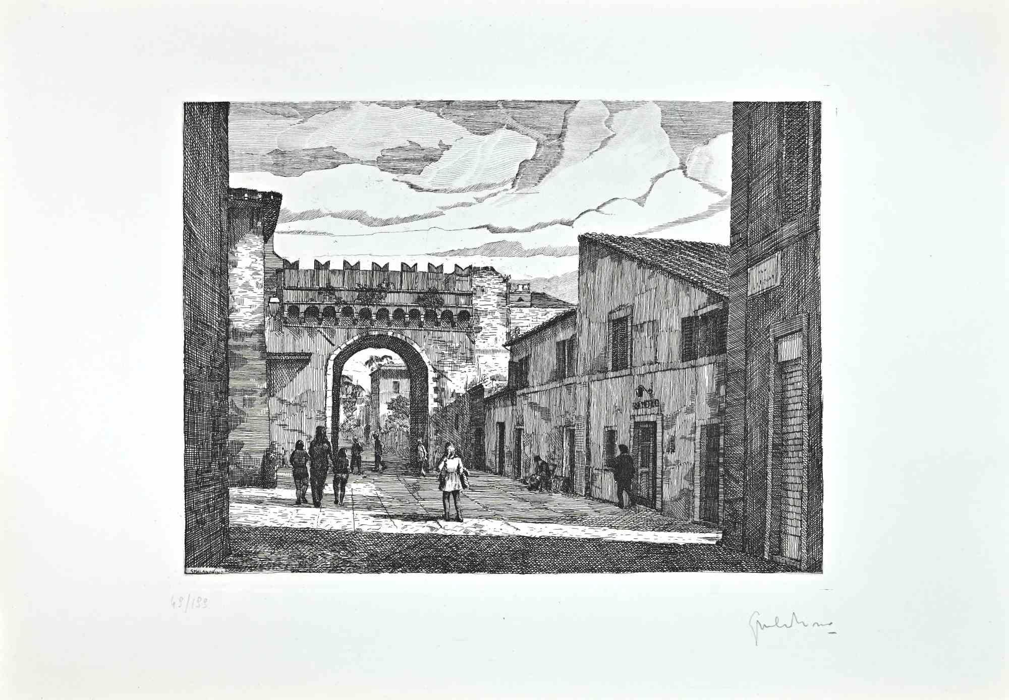 Roman View is an artwork realized by Giuseppe Malandrino.

Print in etching technique and hand watercolored.

Hand-signed by the artist in pencil on the lower right corner.

Numbered edition,49/199.

Good condition.

This artwork represents the