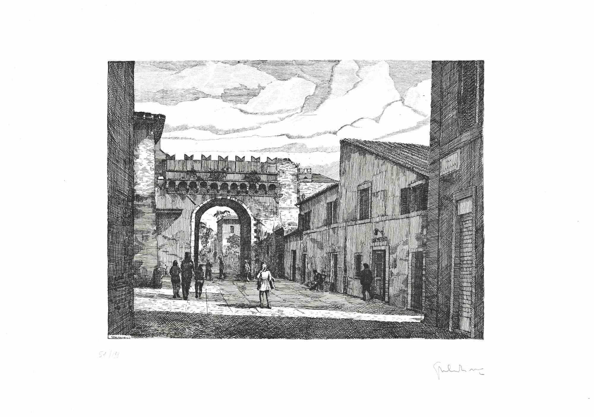Roman View is an artwork realized by Giuseppe Malandrino.

Print in etching technique and hand watercolored.

Hand-signed by the artist in pencil on the lower right corner.

Numbered edition,51/199.

Good condition.

This artwork represents the